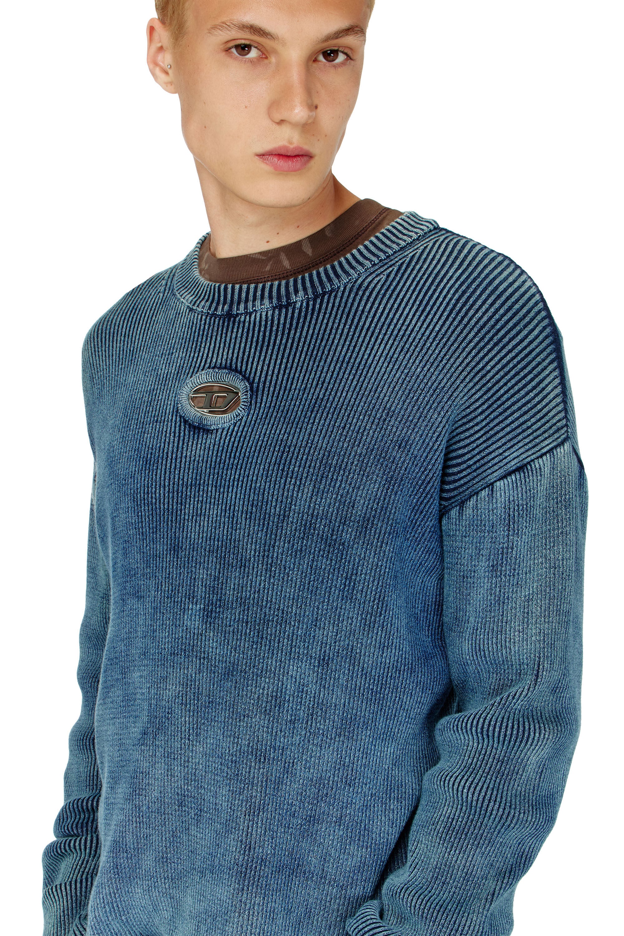 Diesel - K-DARREN-D, Male's Cut-out ribbed jumper with Oval D plaque in Blue - 5