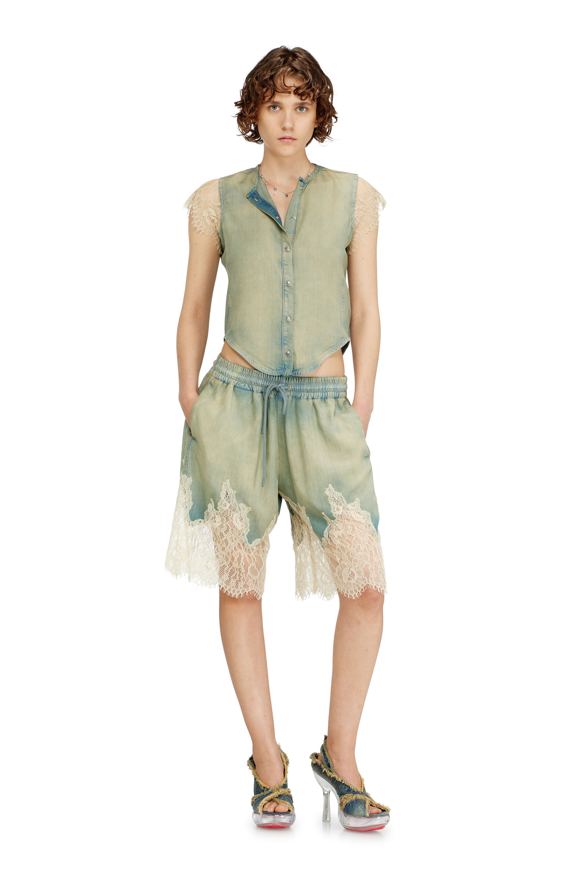 Women's Short-sleeve shirt in denim and lace | Blue | Diesel