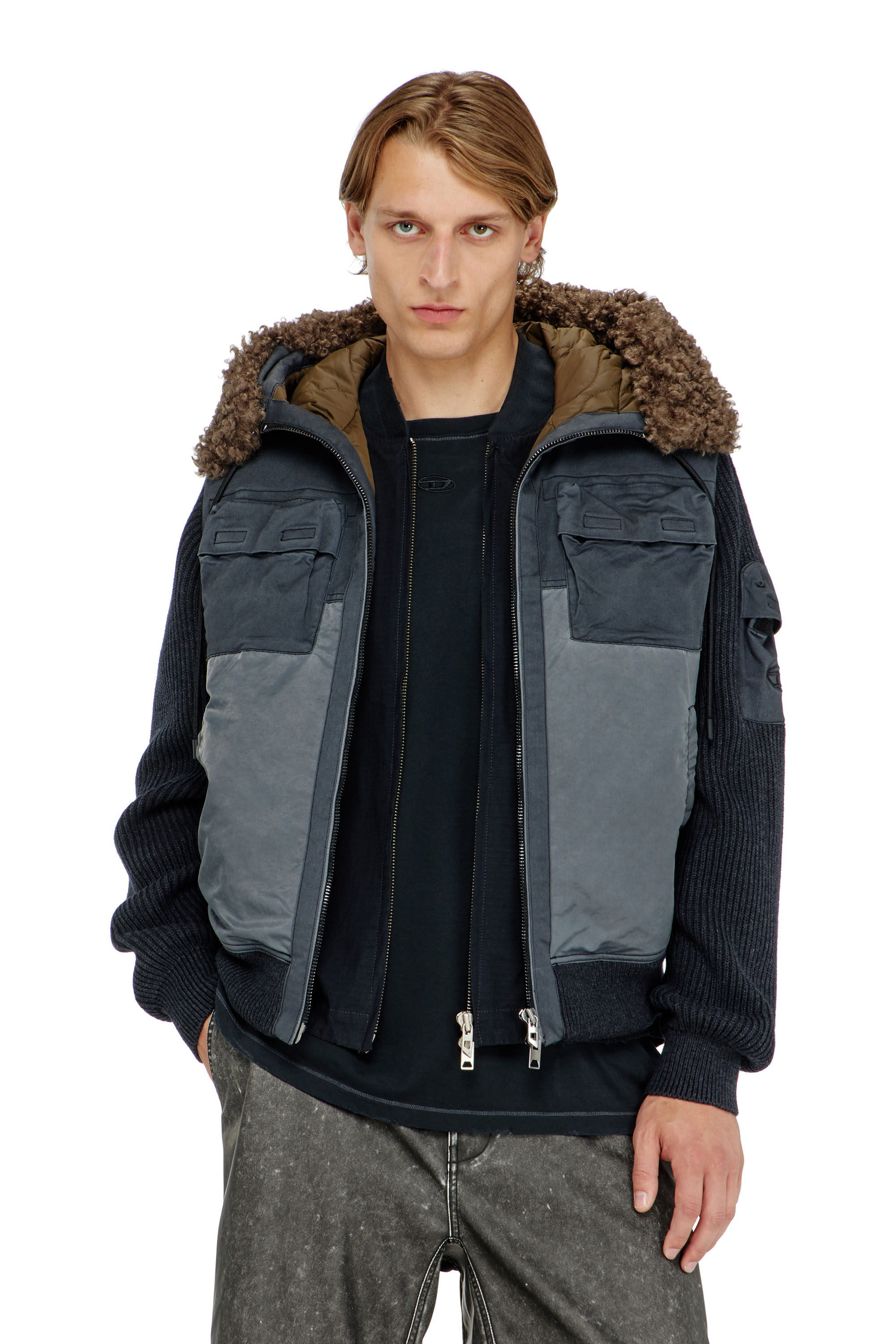 Men's Hooded padded jacket with knitted sleeves | Blue | Diesel US