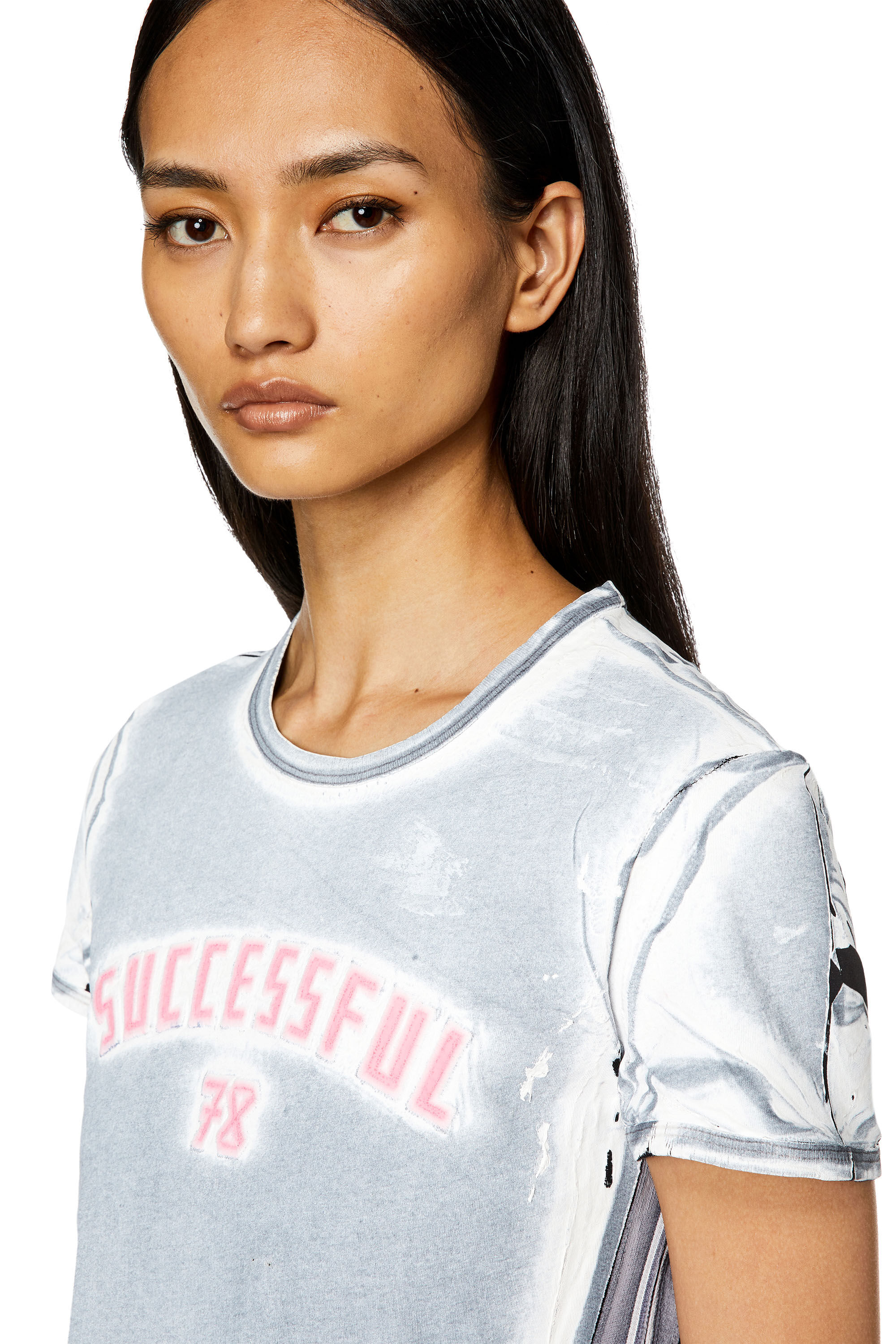 Diesel - T-UNCUTIE-LONG-M2, Female's Printed T-shirt with logo appliqués in Light Blue - 4