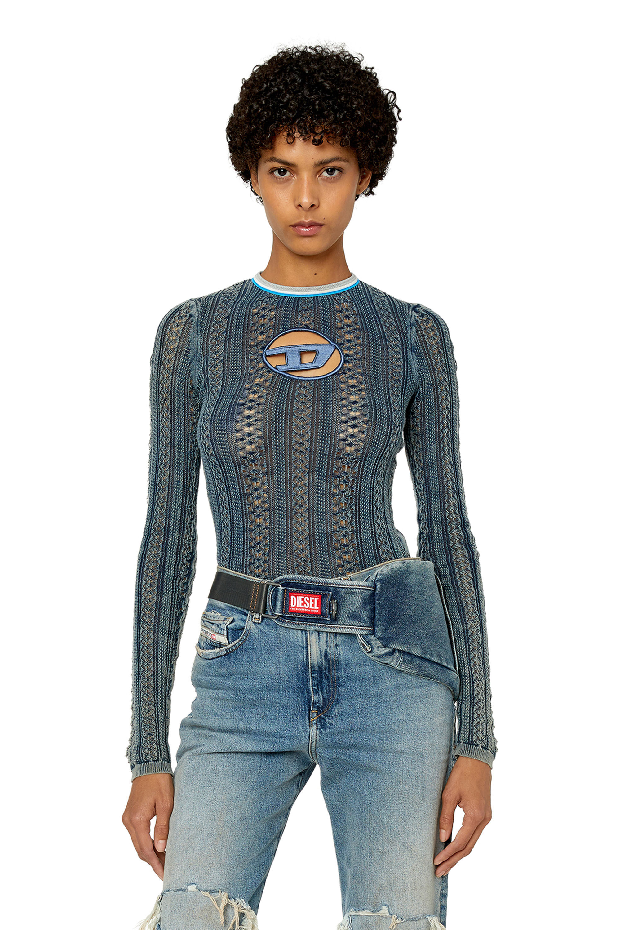 Diesel - M-IKYLA, Female's Pointelle jumper with oval D cutout in Blue - 3