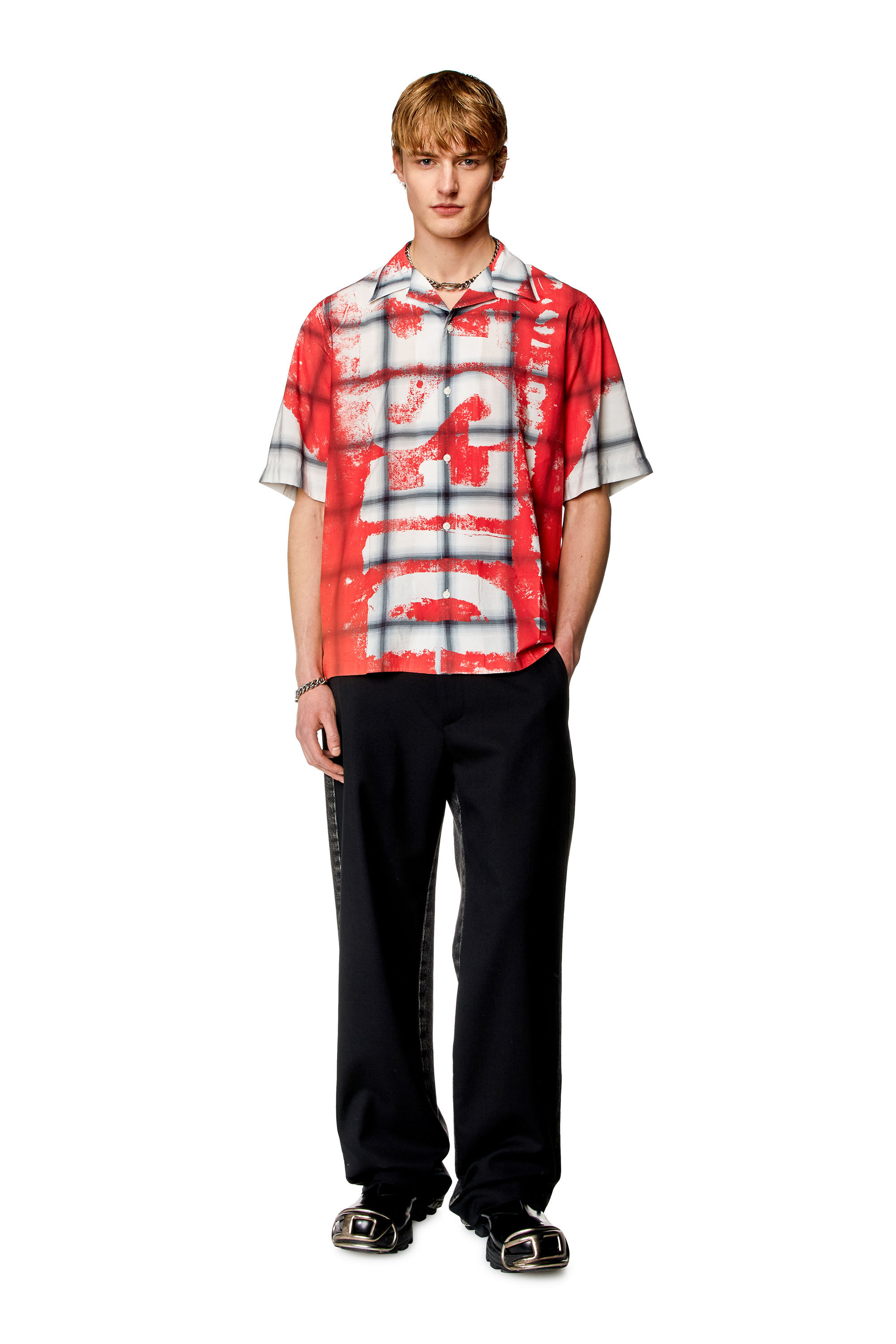 Diesel - S-NABIL, Man's Check bowling shirt with fading logo in White/Red - 1