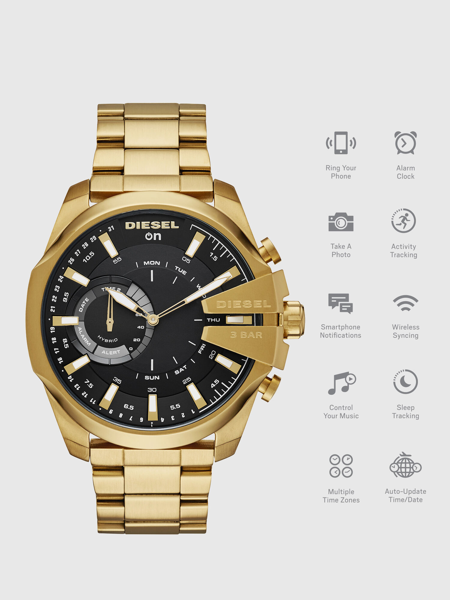 Diesel - DT1013, Male's Mega Chief Hybrid gold-tone hybrid smartwatch, 48 mm in Gold - 1