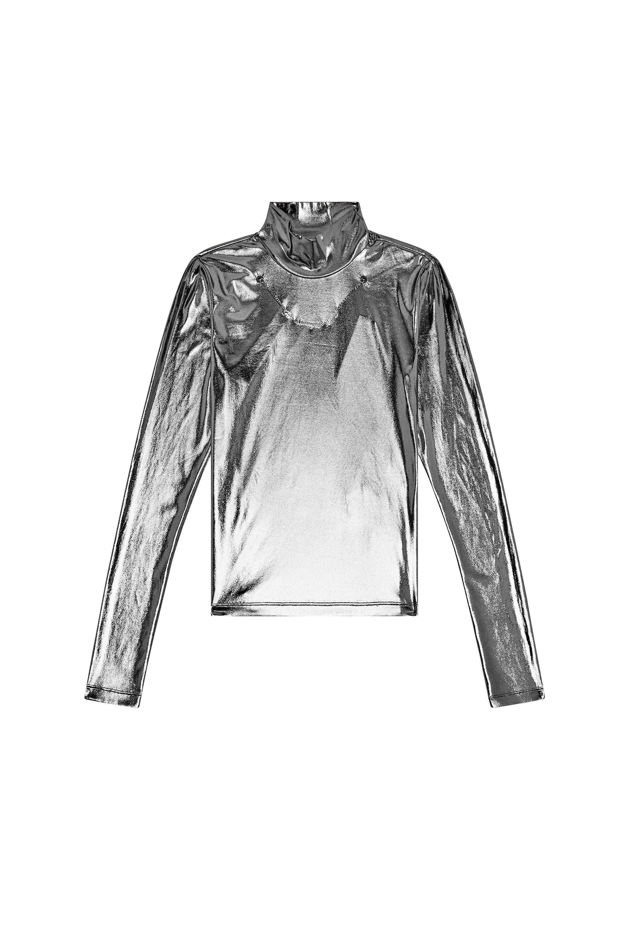 Diesel - T-META, Female's Metallic top with chain detail in Black - 2