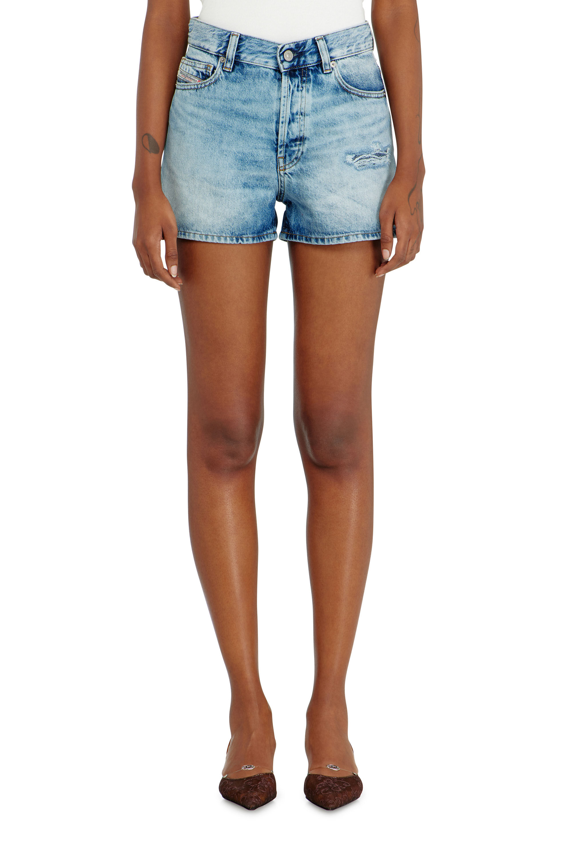 Diesel - DE-HELIOS, Woman's Shorts in fluid denim with abrasions in Light Blue - 3