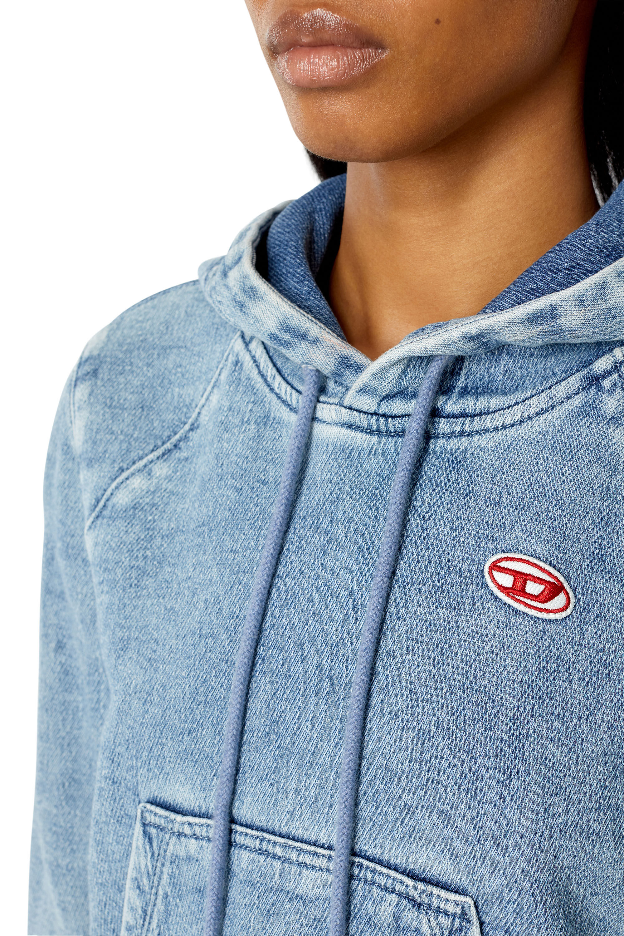 DIESEL ロゴクロップドパーカー　Track Denim Hoodie D-ANGY-HOOD-NE（WOMEN）: クロップドスリムフィットスウェット