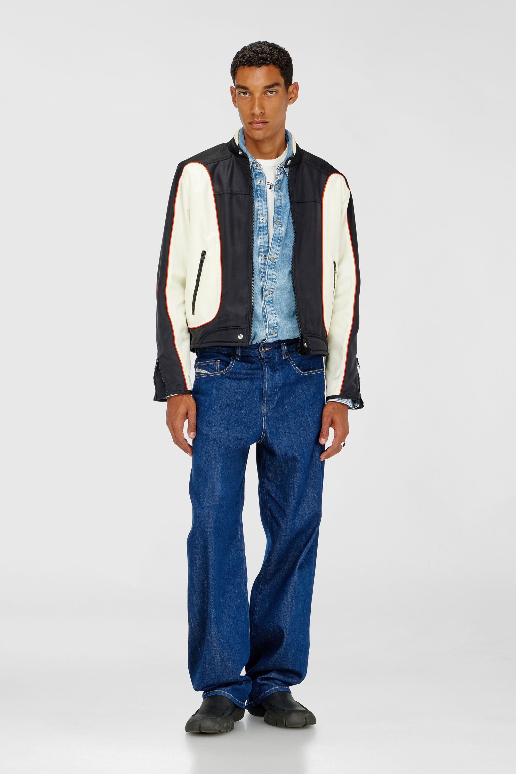 Diesel - J-BLINK-A, Man's Colour-block biker jacket with piping in White/Black - 1