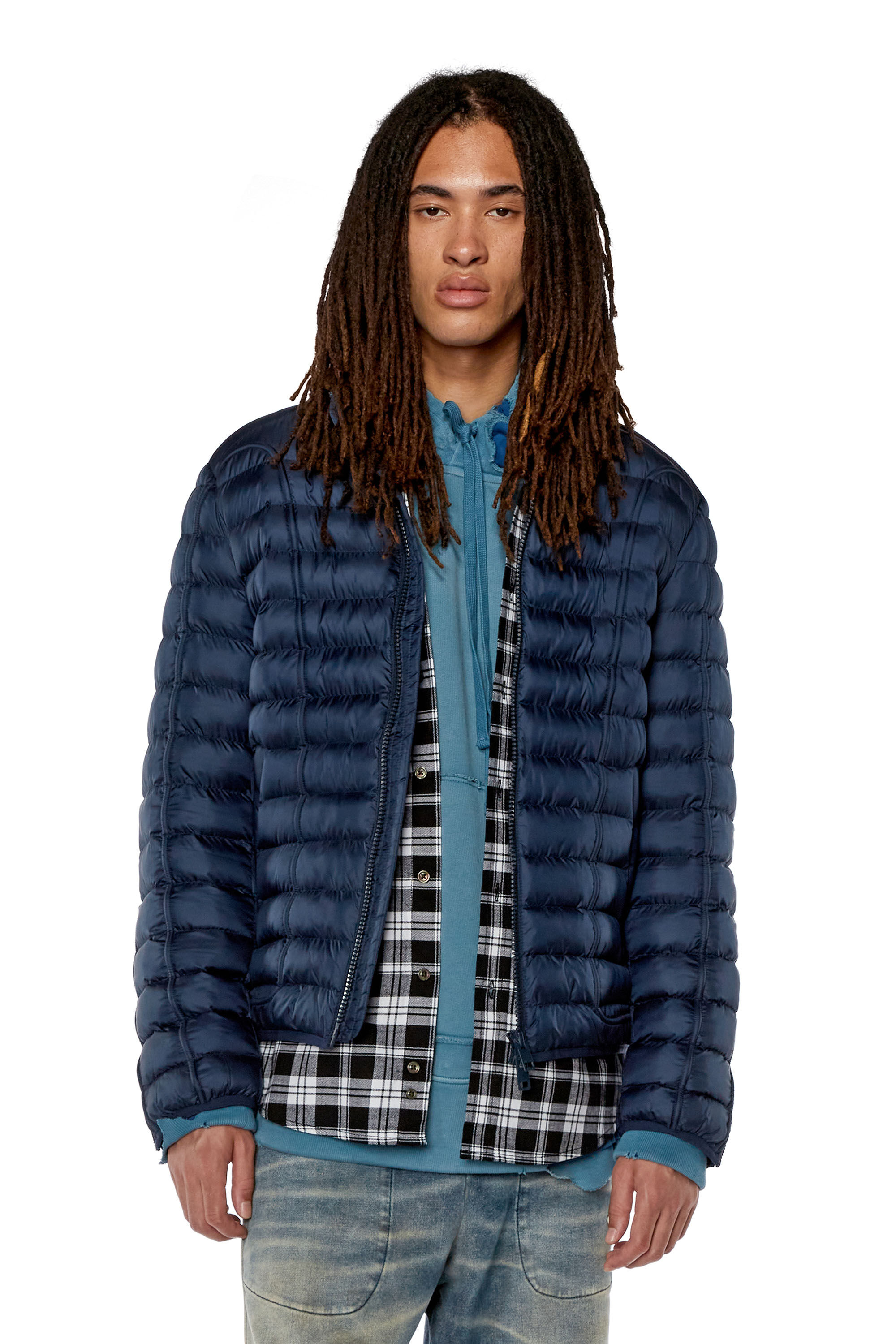 Diesel - W-HAWKYL, Male's Nylon puffer jacket with piping in Blue - 3