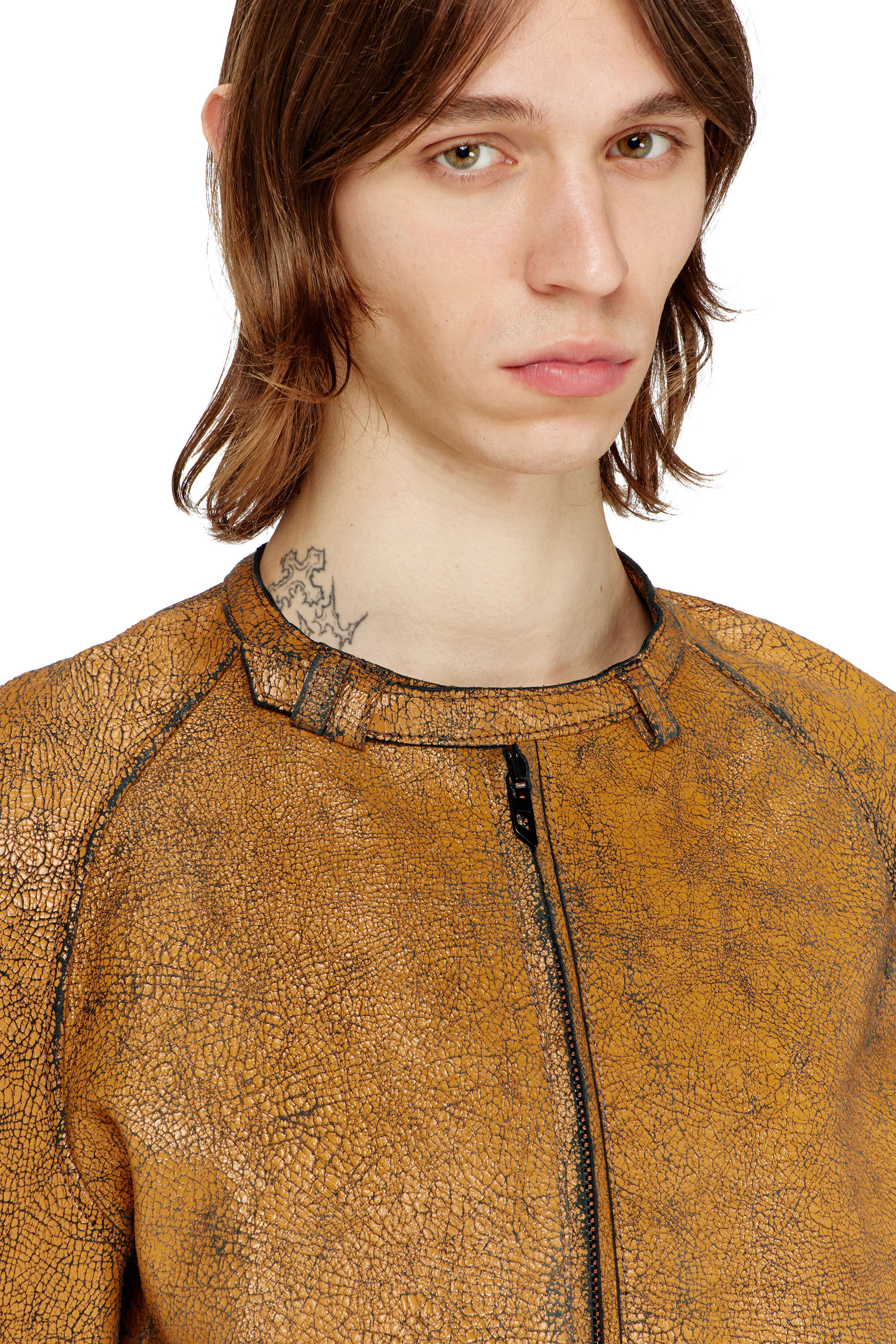Men's Cocoon-sleeve biker jacket in cracked leather | Brown | Diesel