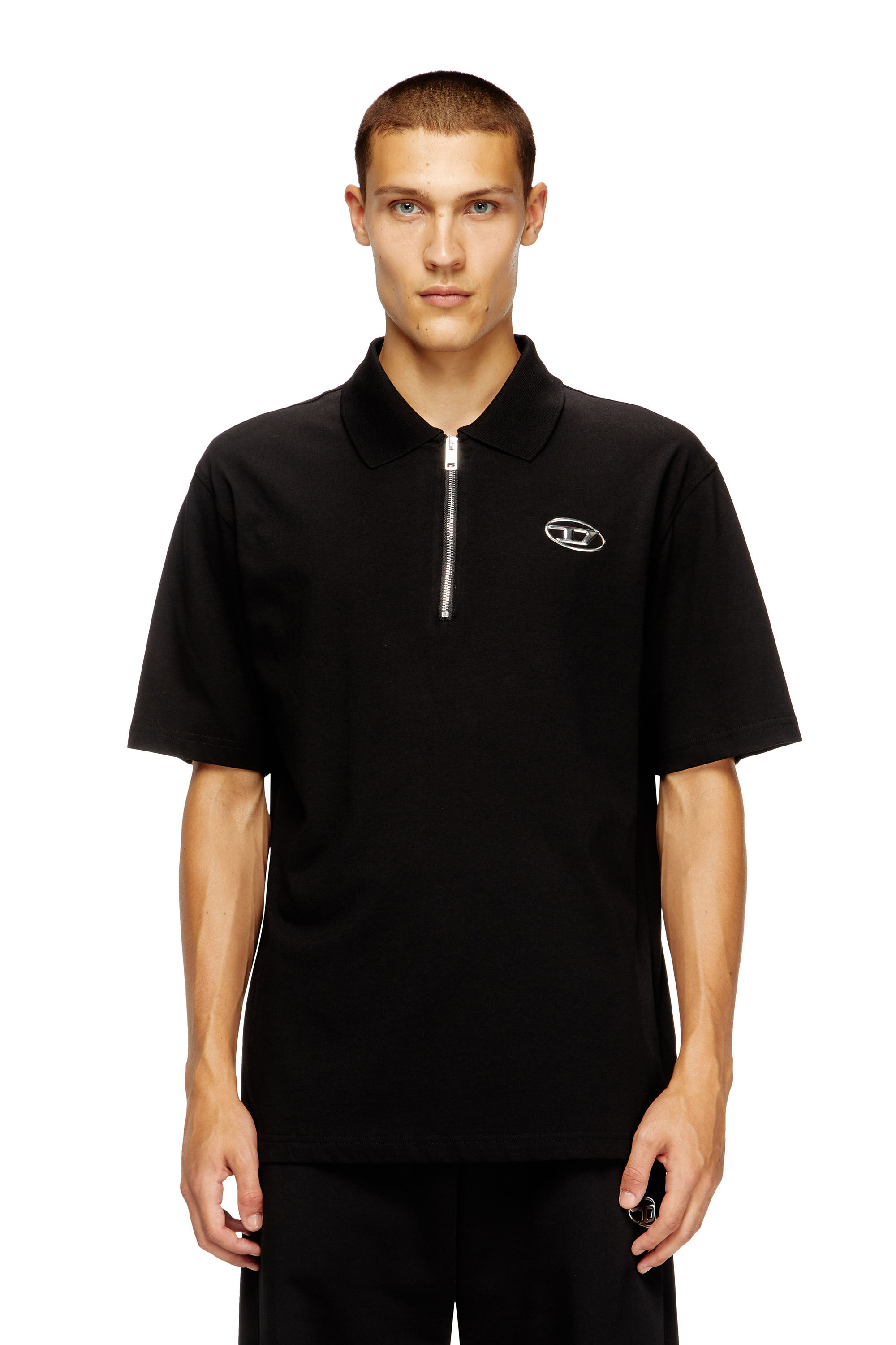 Men's Zip front polo shirt with laser cut Oval D | Black