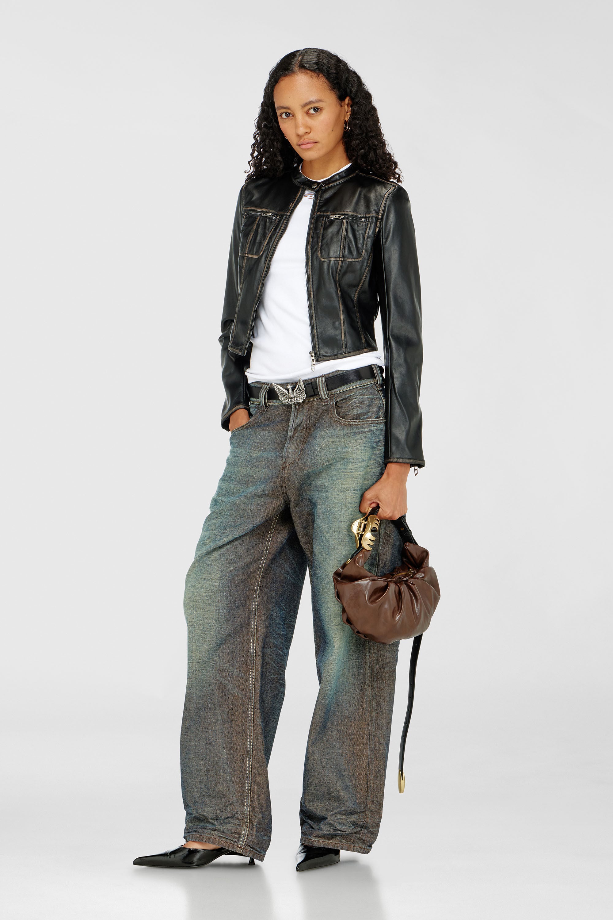 DIESEL BlackGold✨トレンチ　インディゴ　リネン混　レザーカフス Women's Cropped distressed biker jacket | Black | Diesel {{Country}}