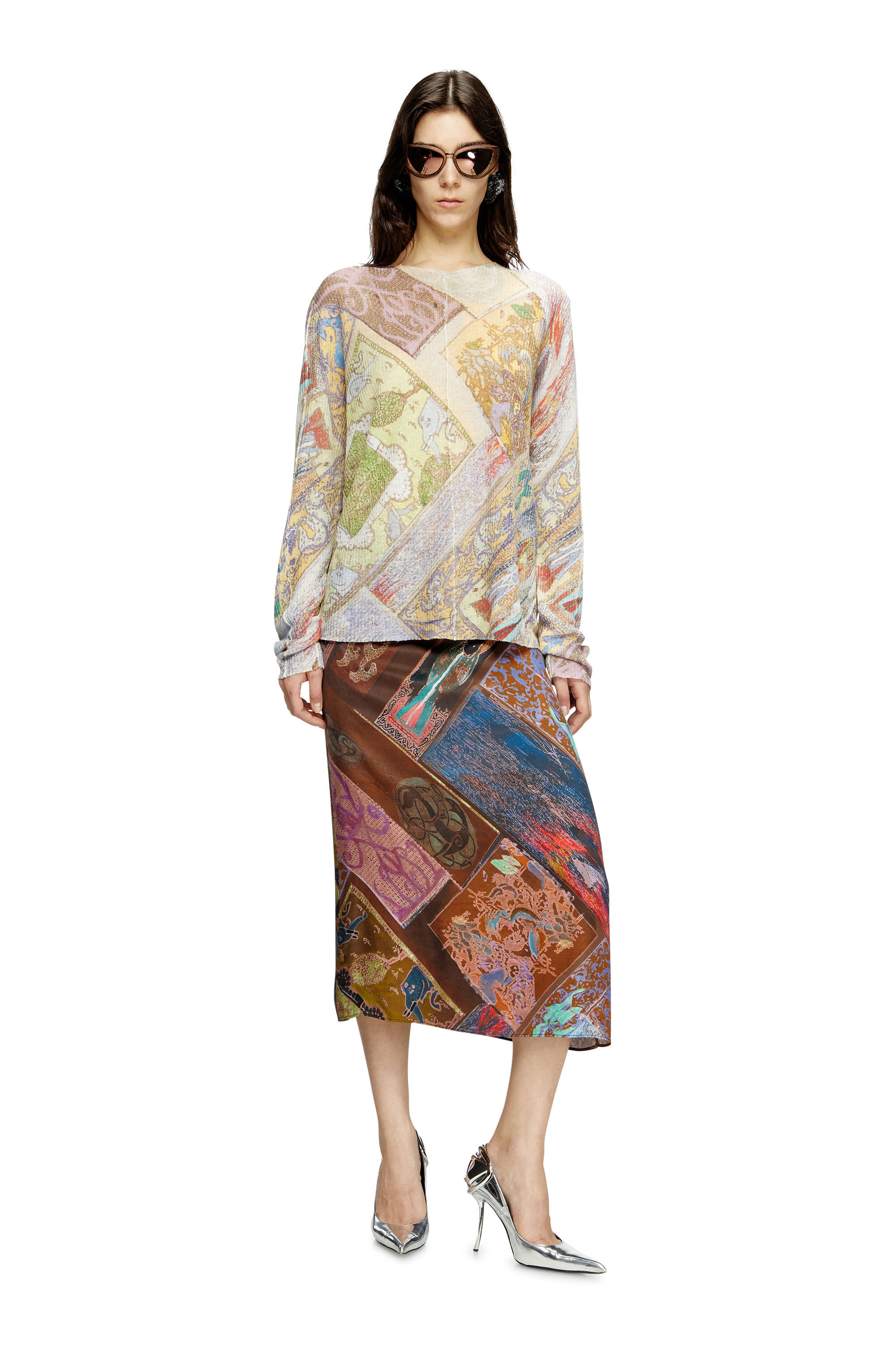 Women's Viscose midi skirt with Heraldic print | Brown | Diesel