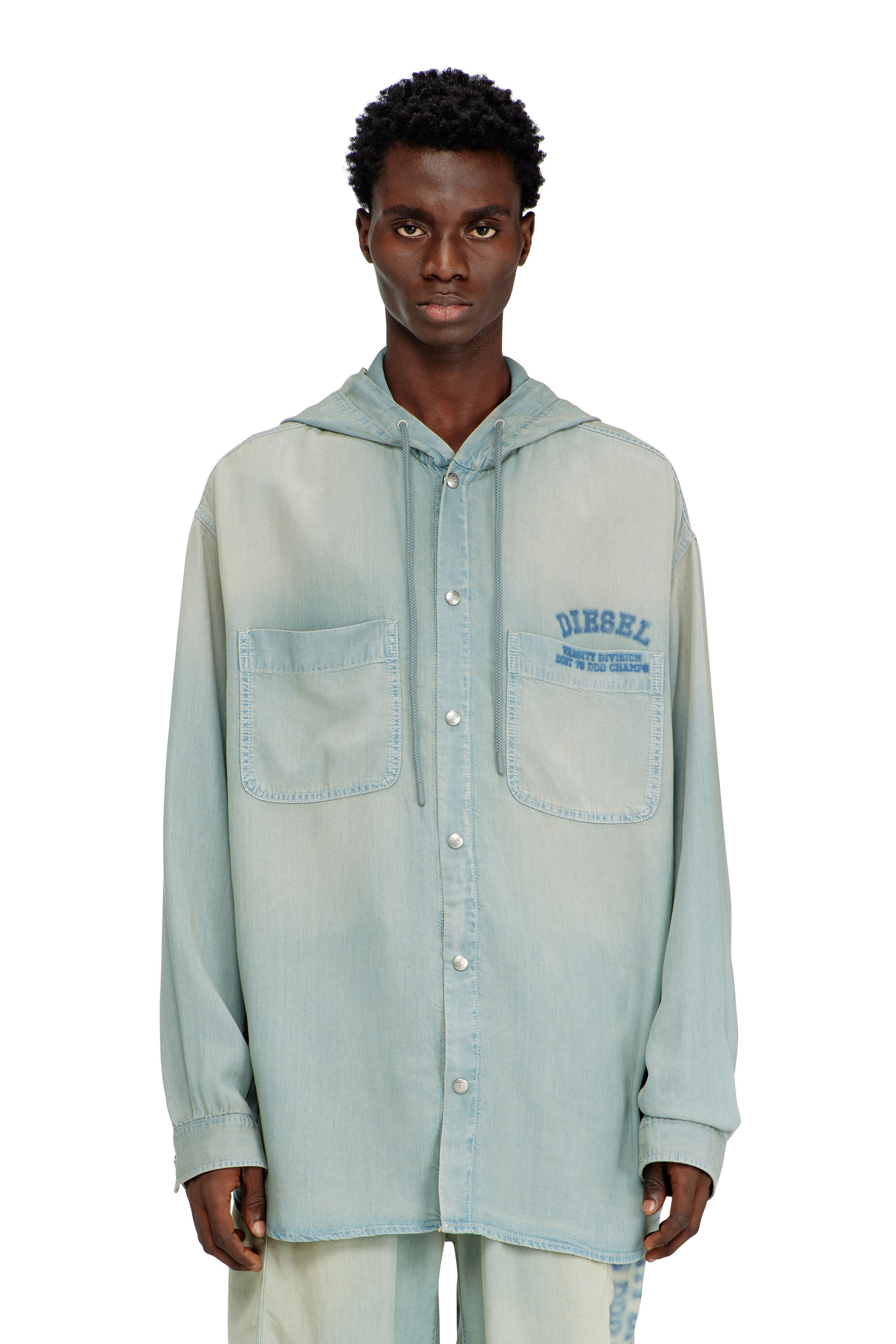 DIESEL クルーネック スウェット ライトブルー Men's Overshirt in fluid dirt-effect denim | Blue | Diesel