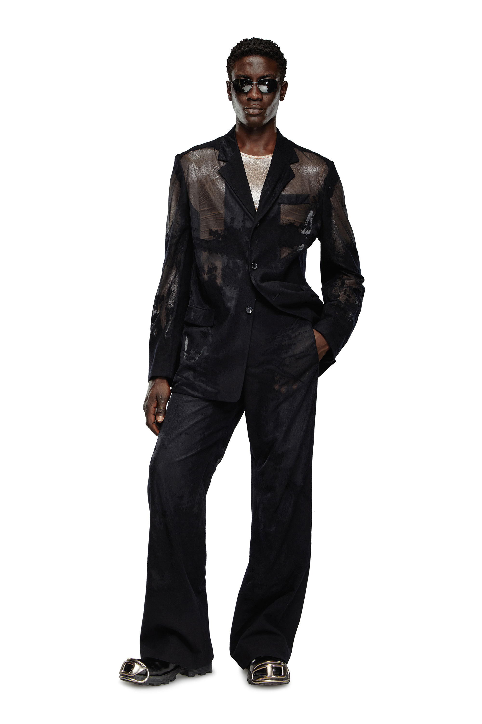 Diesel - P-STANLY-A, Male's Pants in burn-out cool wool in Black - 1