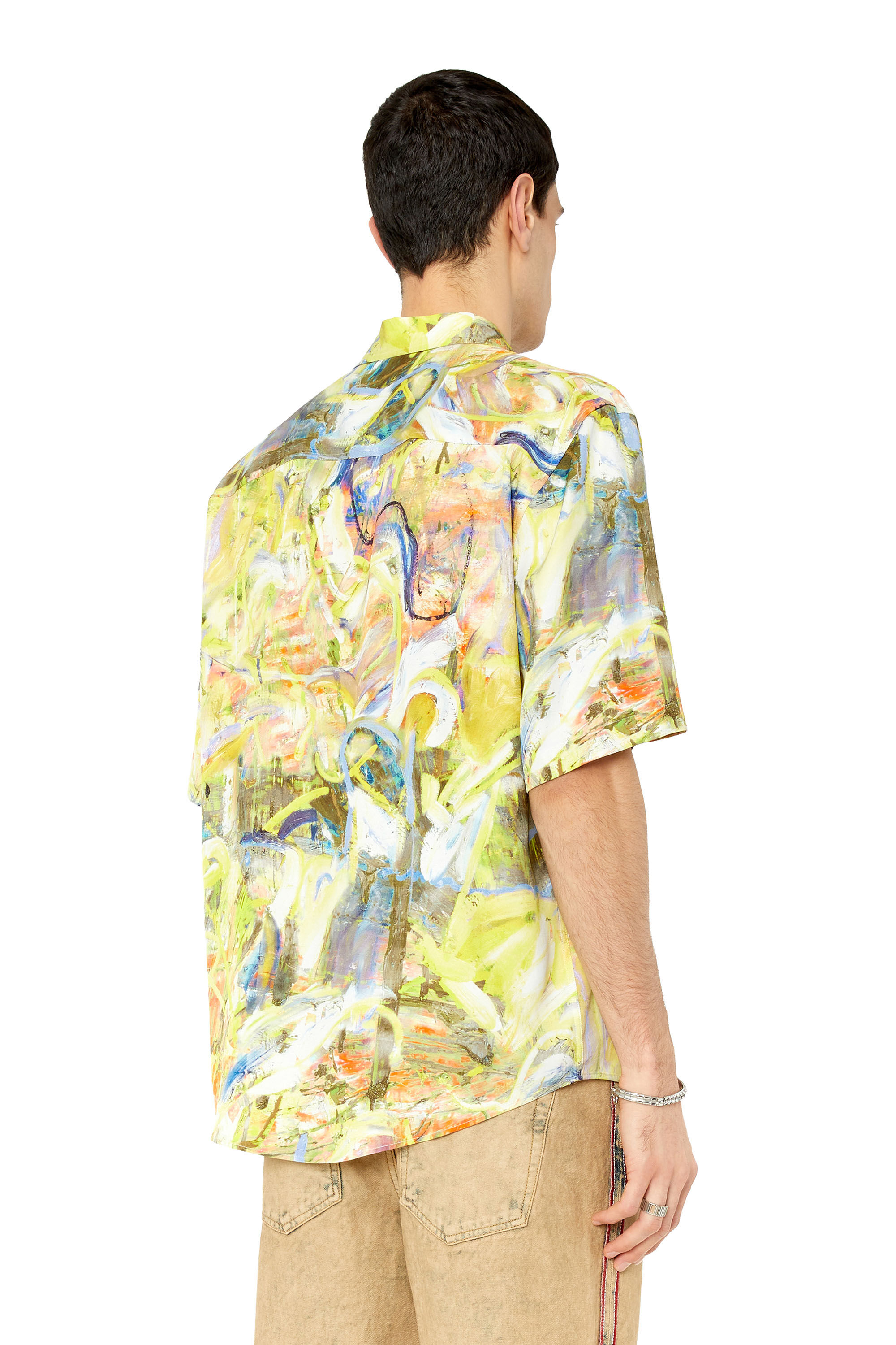 Diesel - S-UMBE-SSL-PRINT, Male's Short sleeve shirt in printed twill in Green/Yellow - 5