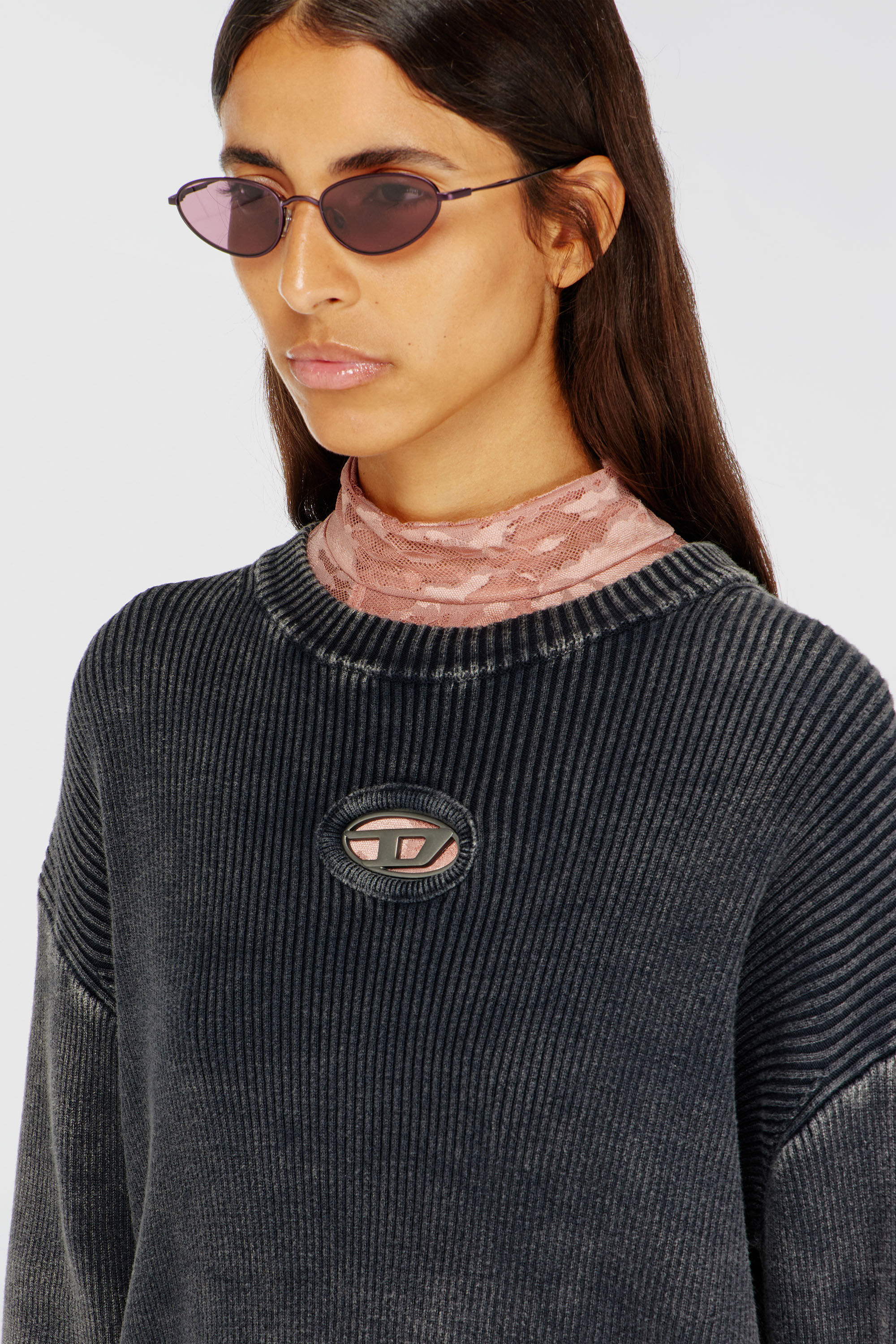 Diesel - M-ANCHOREX, Woman's Cut-out ribbed jumper with Oval D plaque in Dark grey - 5