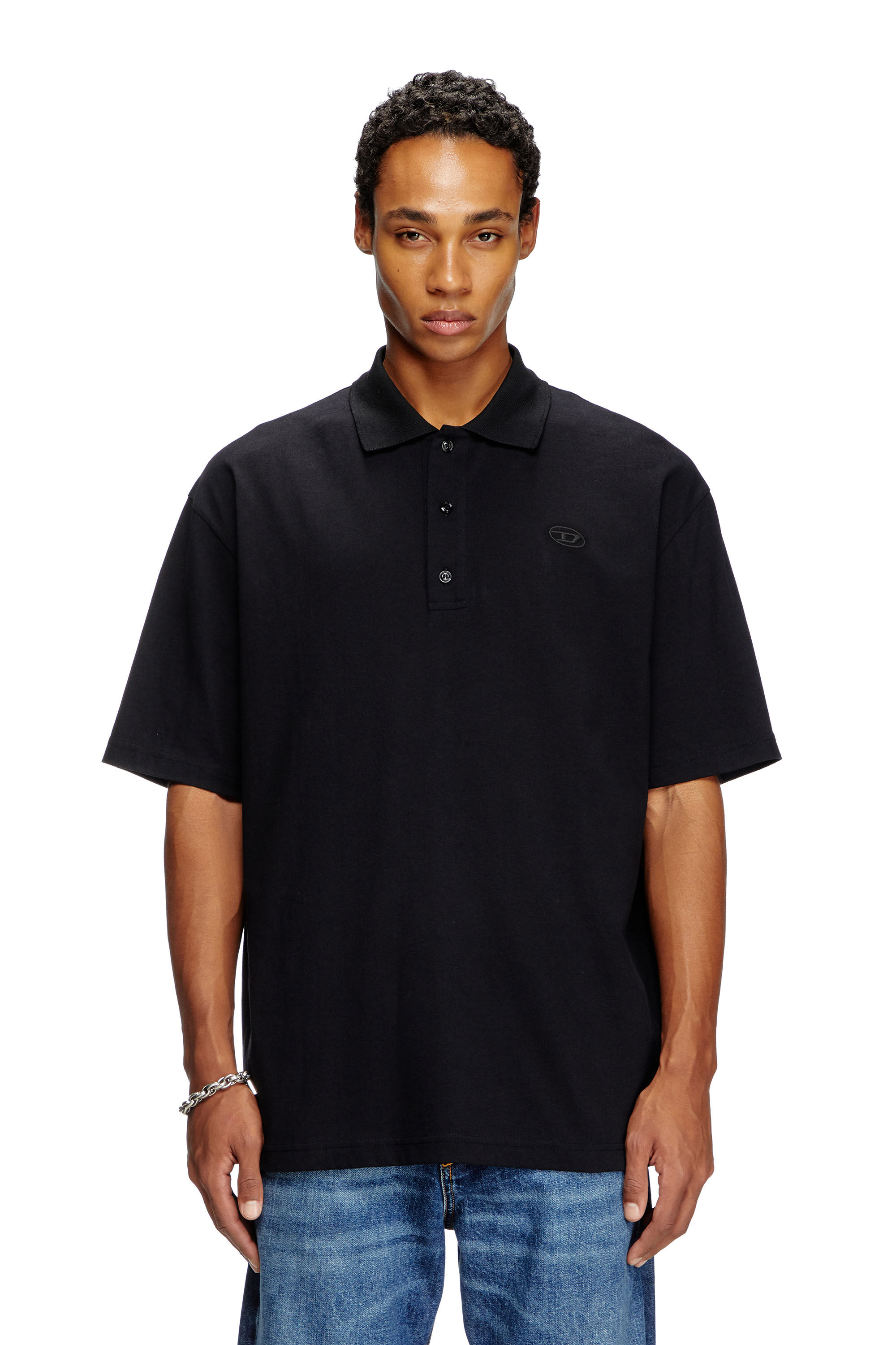 Men's oversized Polo shirt with oval D embroidery | Black | Diesel