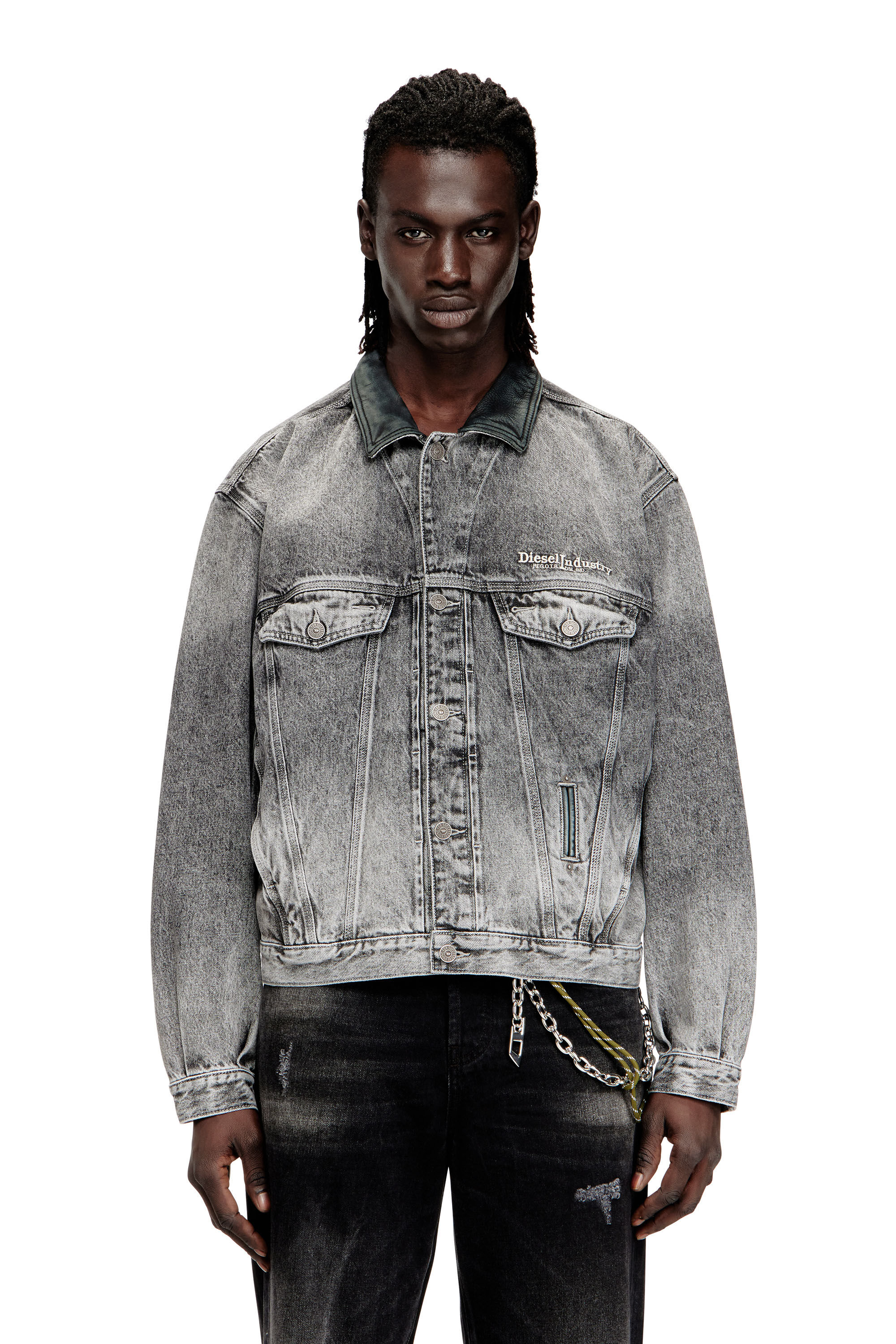 Women's Denim trucker jacket with tonal leather trims | Grey | Diesel