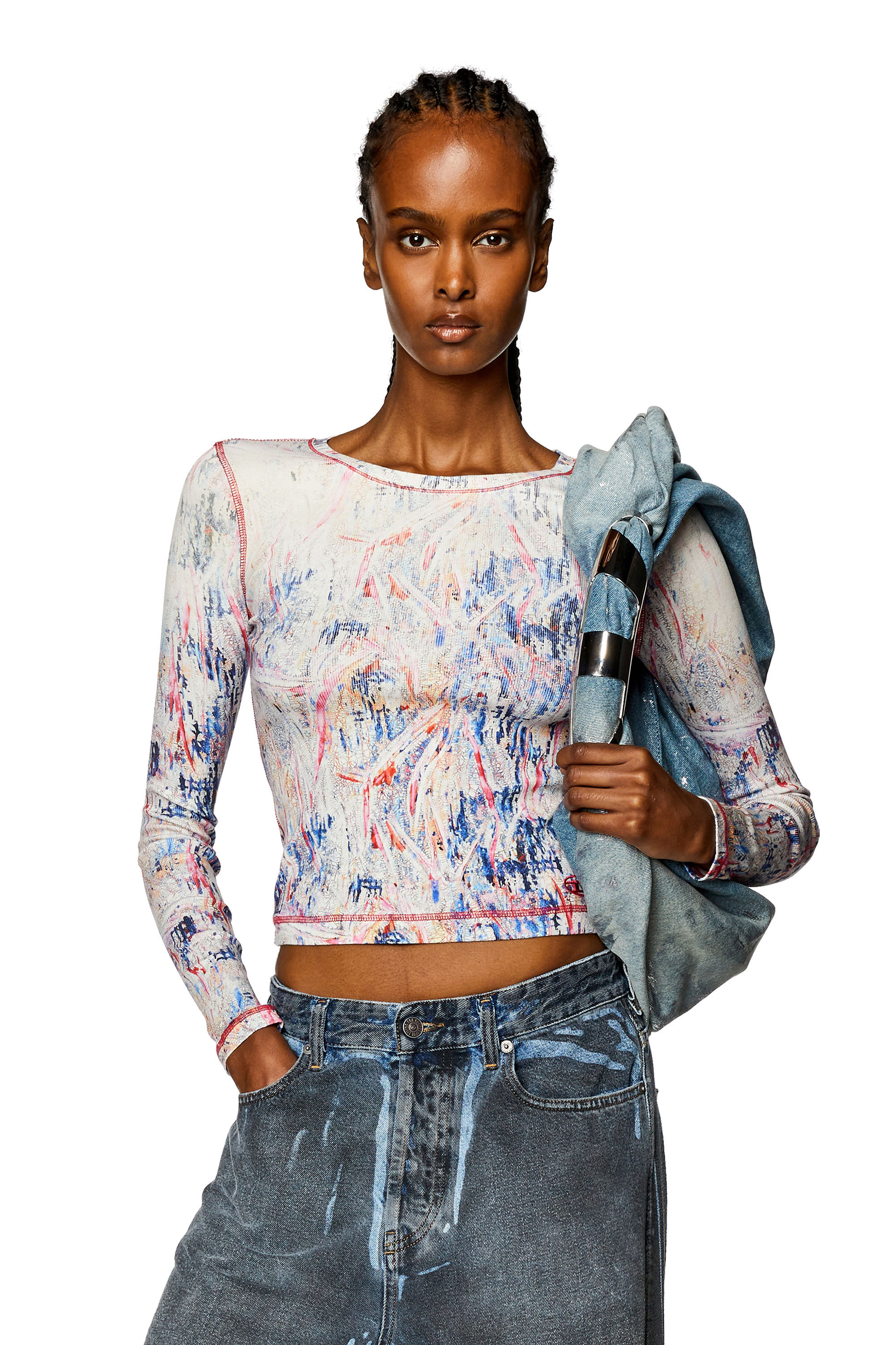 Diesel - T-BANES-NC-N1, Woman's Ribbed top with spray treatment in Pink/White - 3