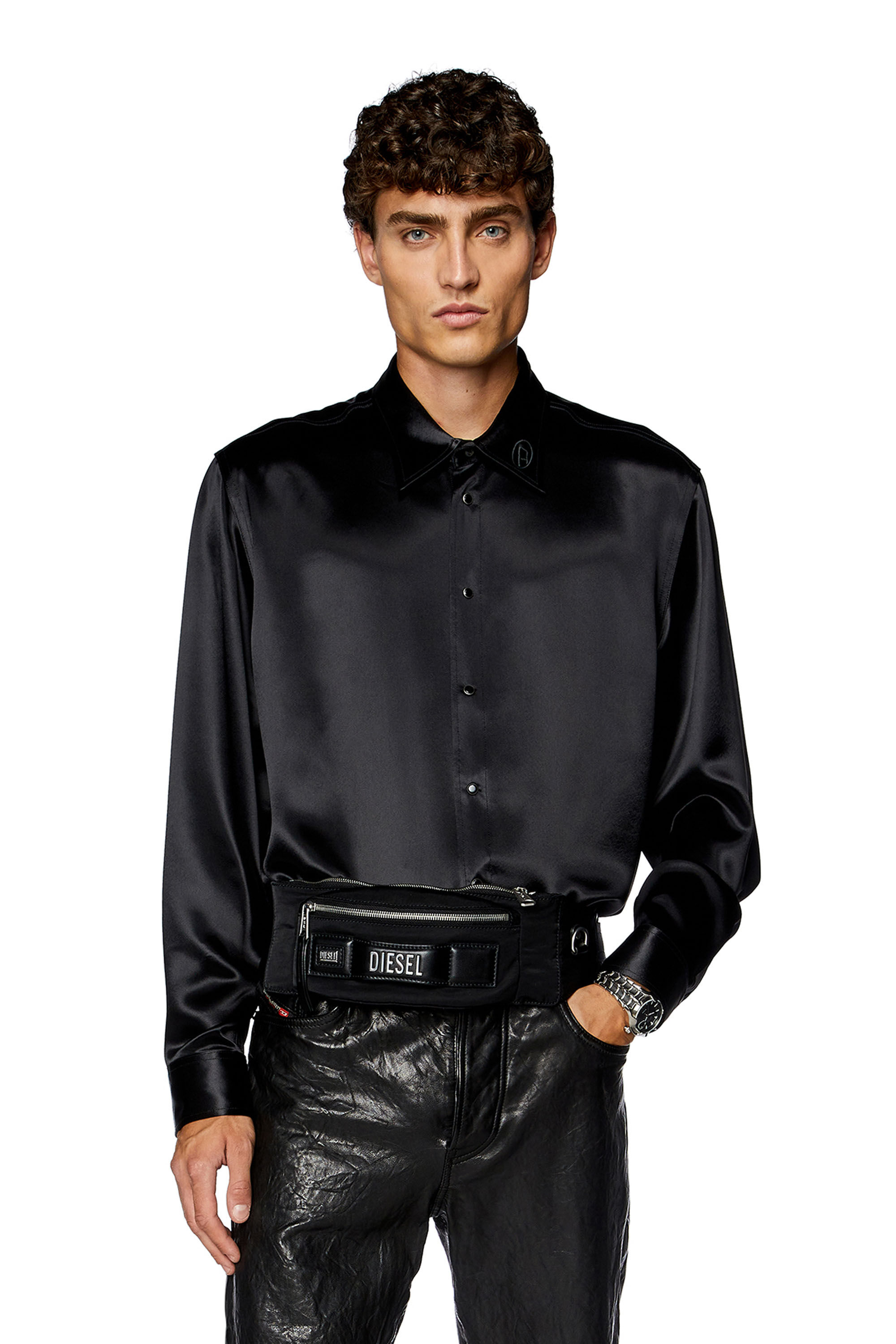 Men's Satin shirt with logo-embroidered collar | Black | Diesel