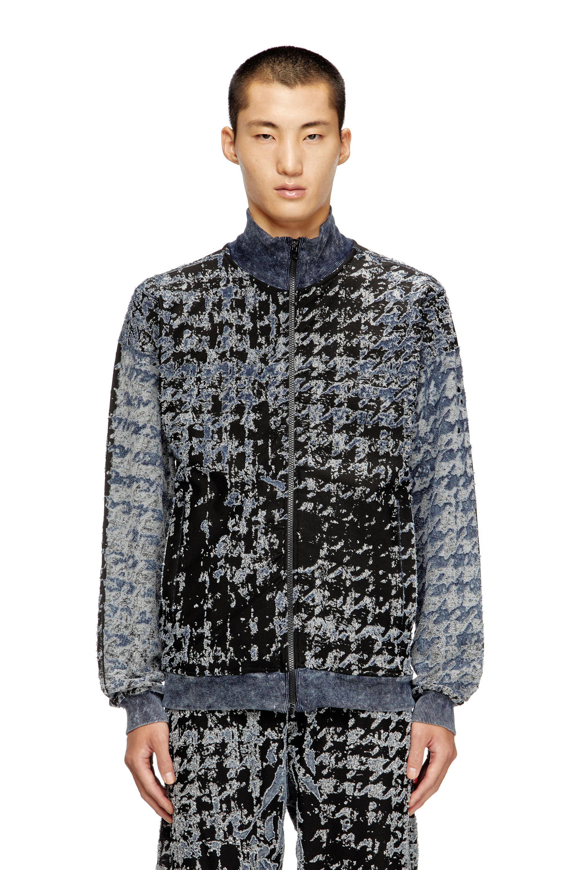 Diesel - S-CORR, Male's Devoré houndstooth zip-up top in Blue/Black - 3