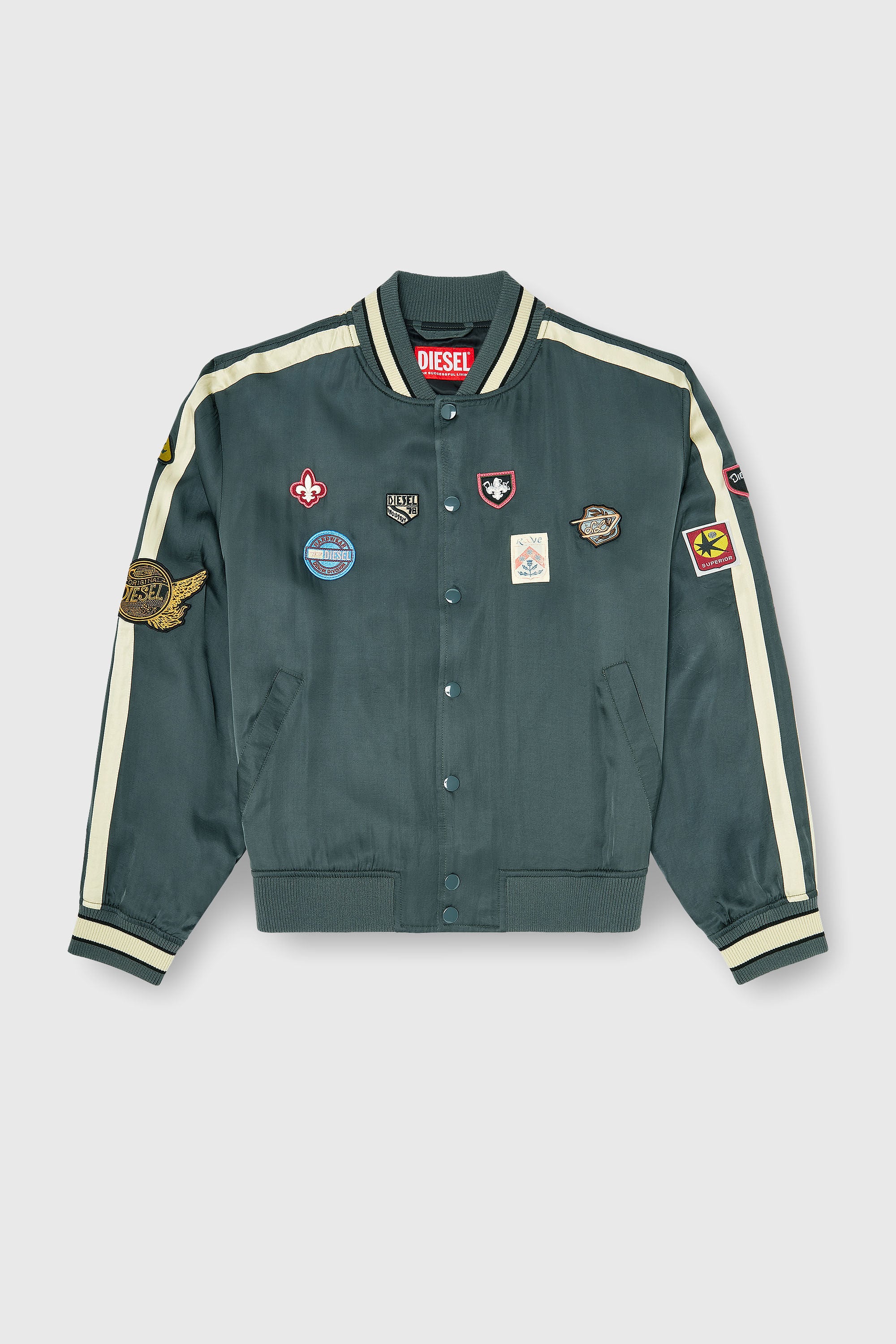 Diesel - J-ANNU, Blouson bomber satin&eacute; avec patchs Homme in Vert - 2