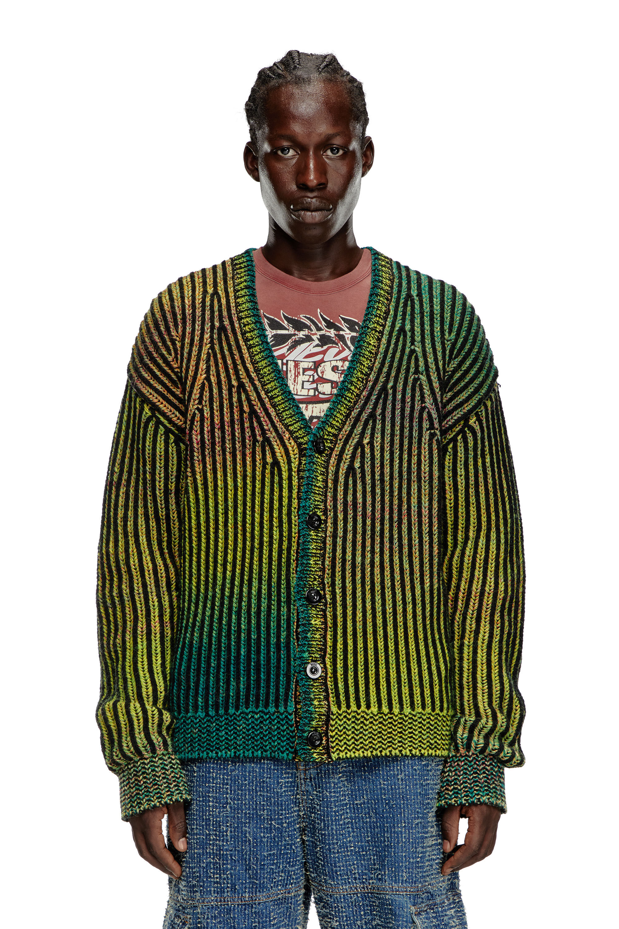 Men's Striped ribbed cardigan in wool blend | Green | Diesel