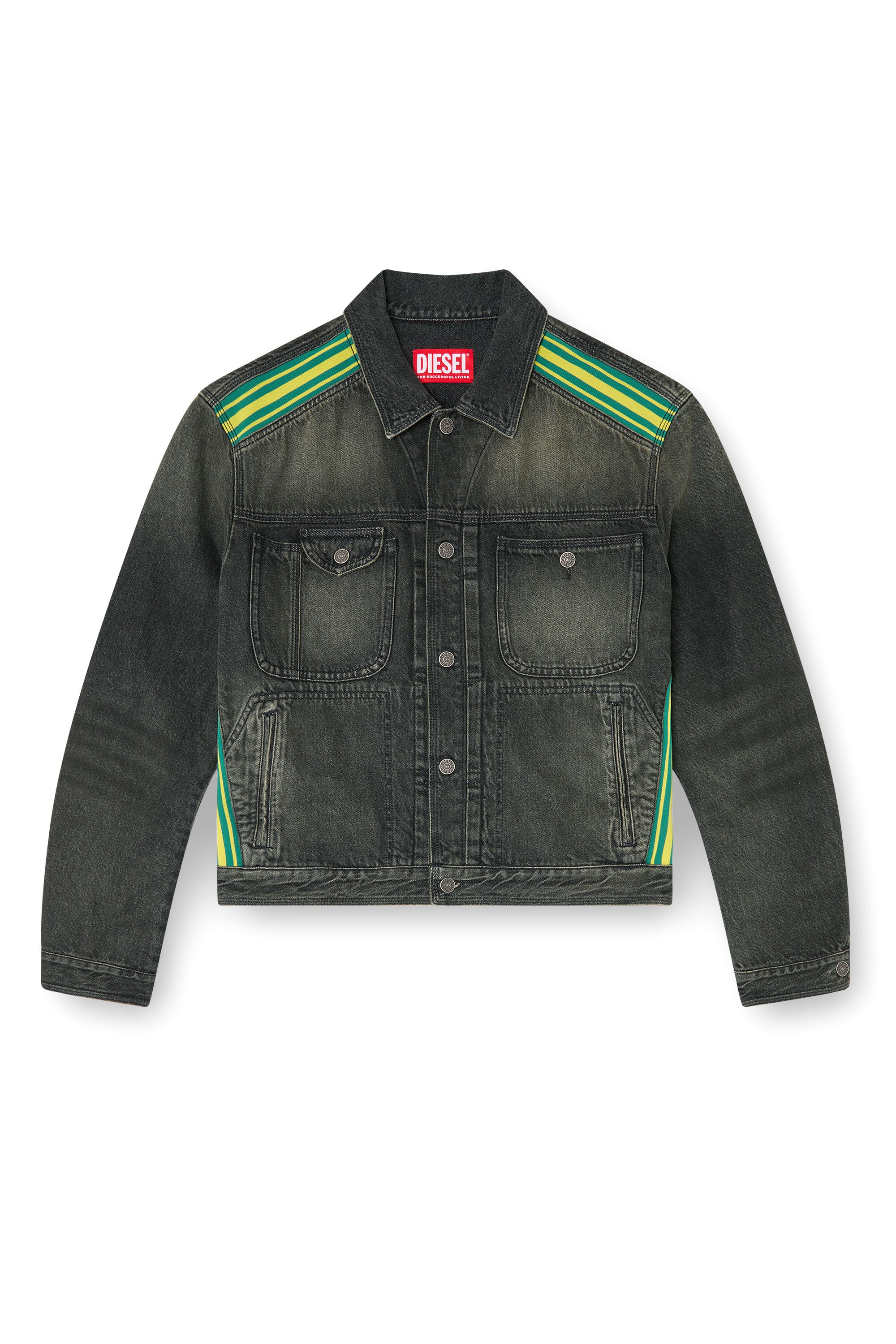 Diesel - D-BAS-FSJ1, Male's Trucker jacket with striped shoulder bands in Black/Dark Grey - 2