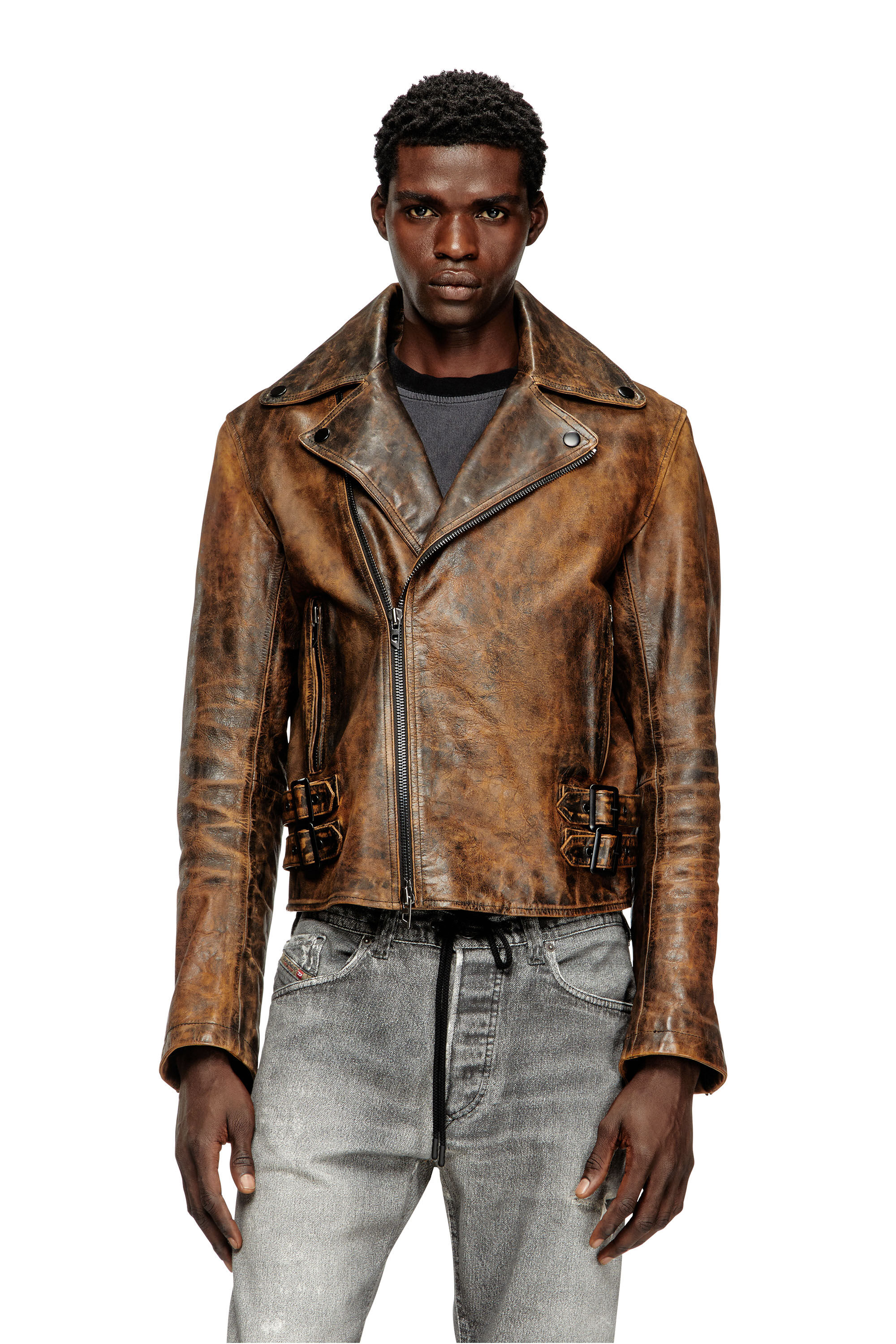 Diesel - L-EON, Male's Biker jacket in treated leather in Brown - 3