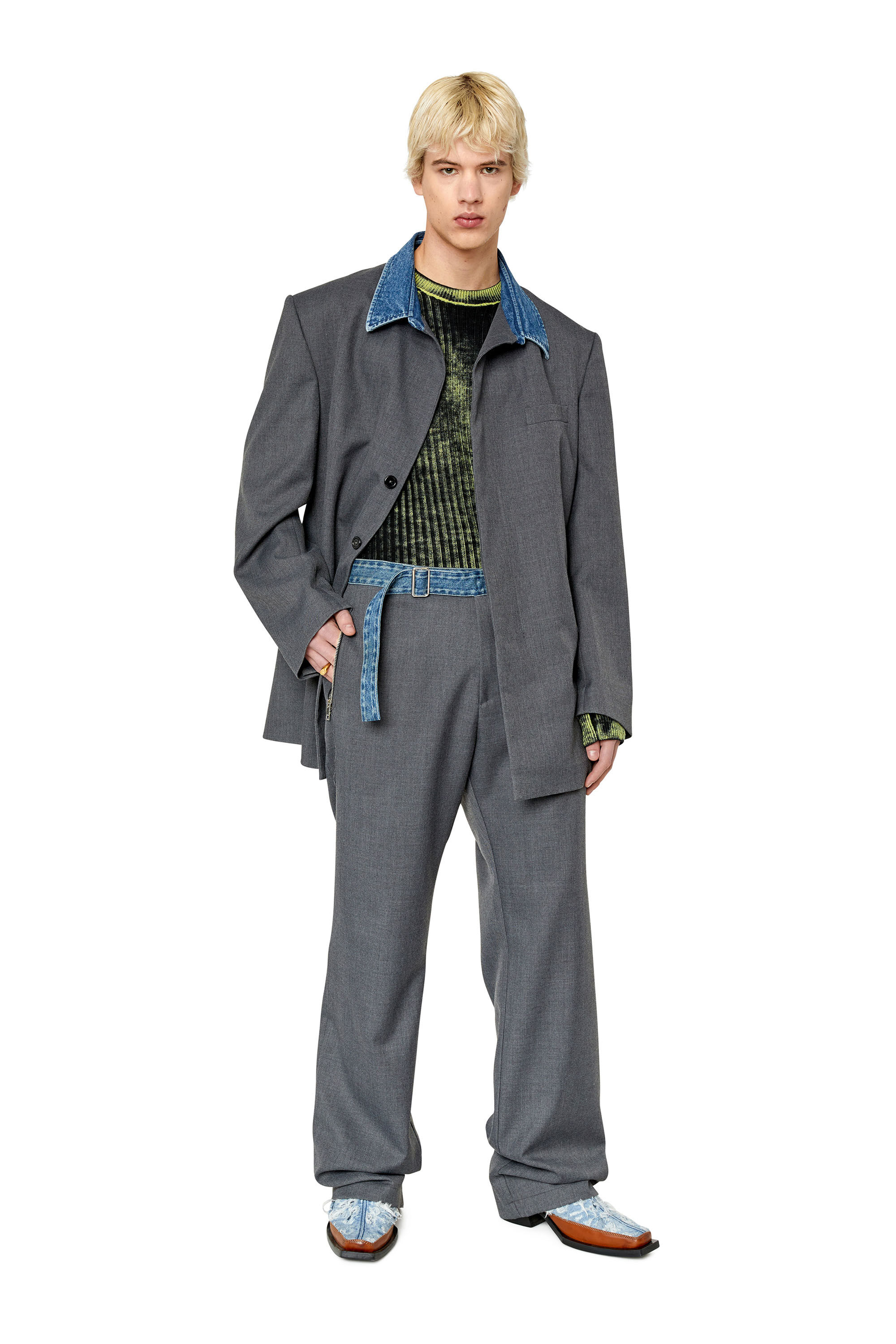 Diesel - P-GOLD-A, Male's Wool pants with denim waistband in Dark Grey - 1