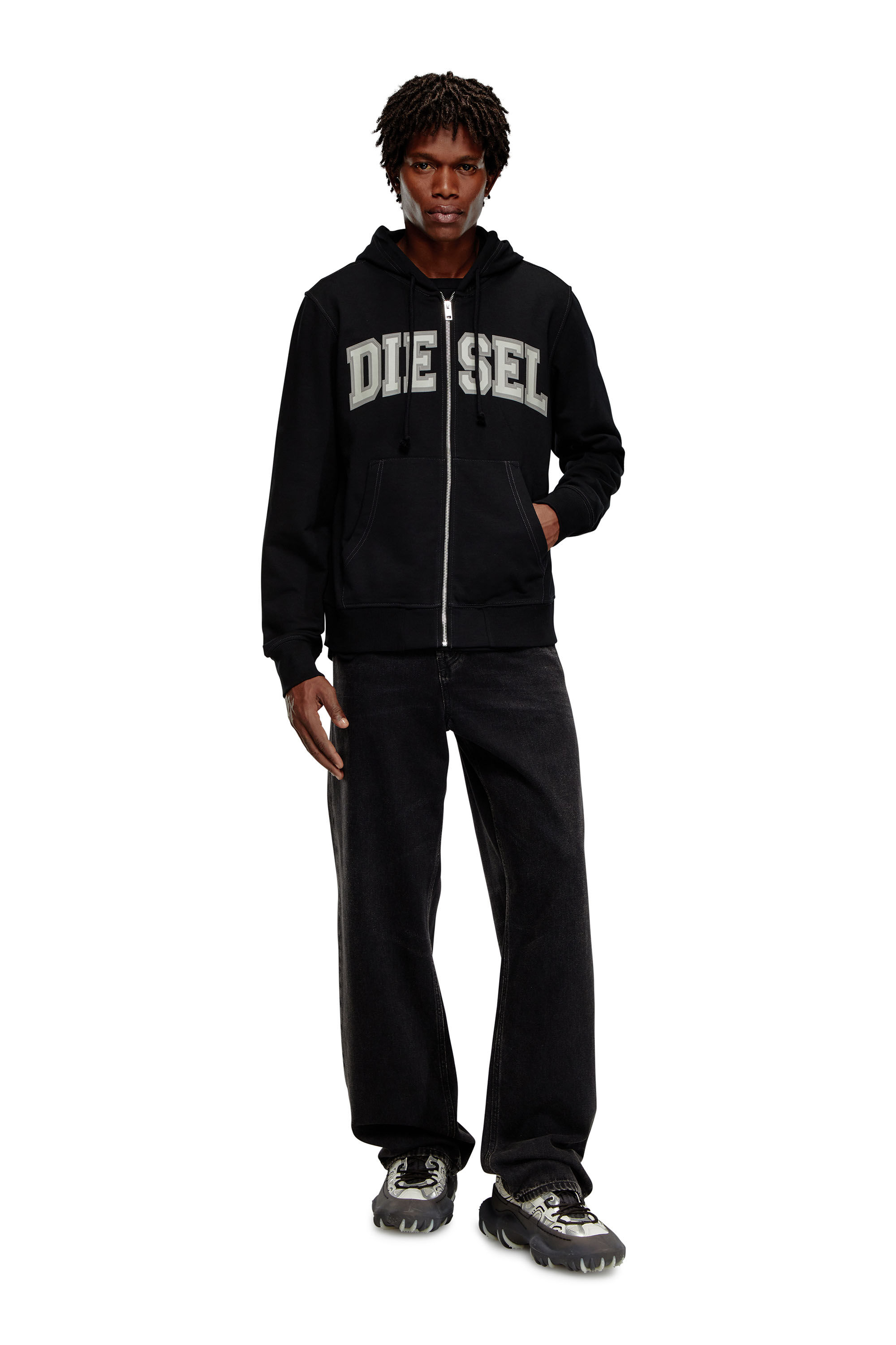 Diesel - S-GINN-HOOD-ZIP-K12, Sweat-shirt à capuche zippé avec graphismes universitaires Homme in Noir - 1