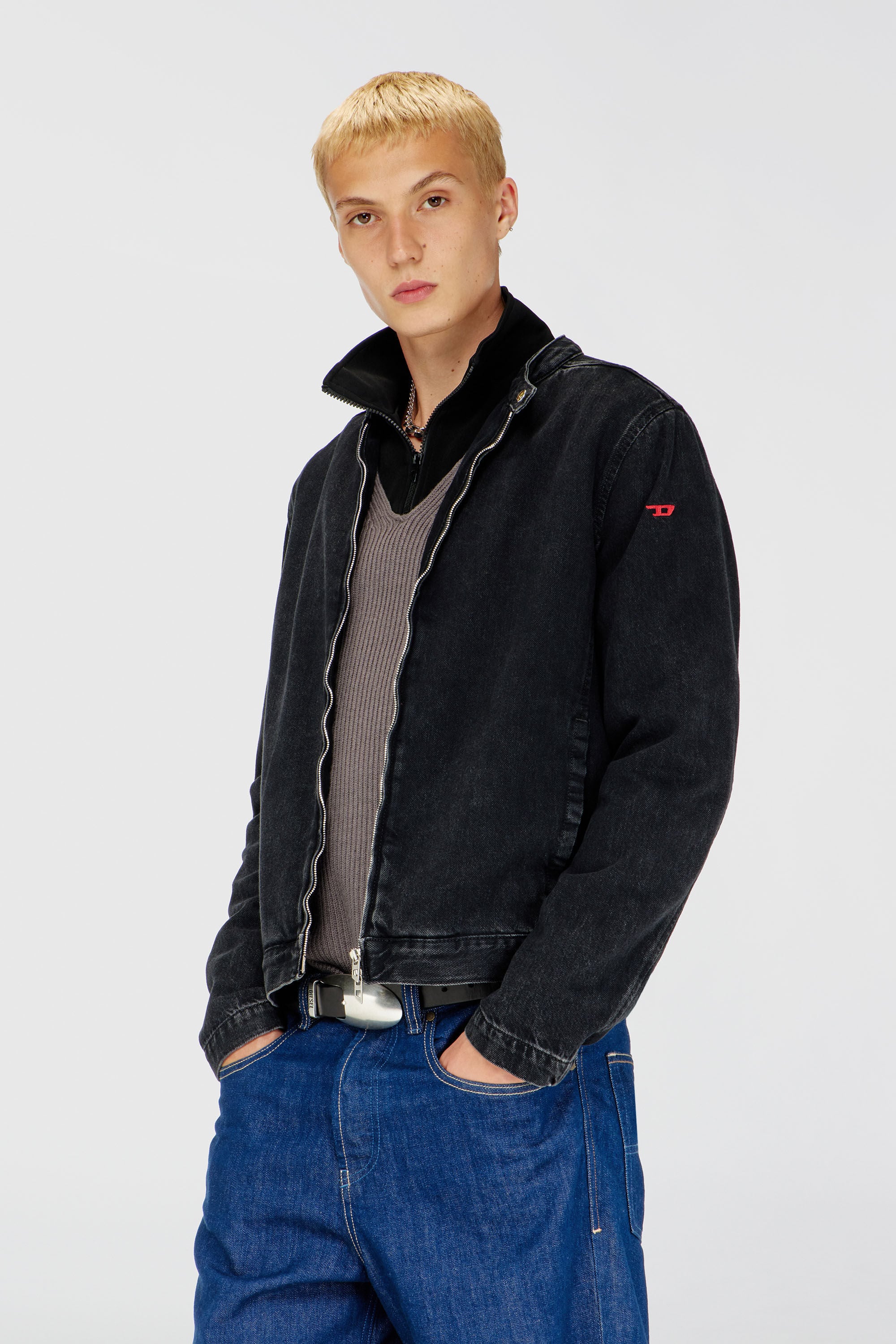 Diesel - D-GLORY, Chaqueta biker de denim con lavado oscuro Hombre in Negro - 3