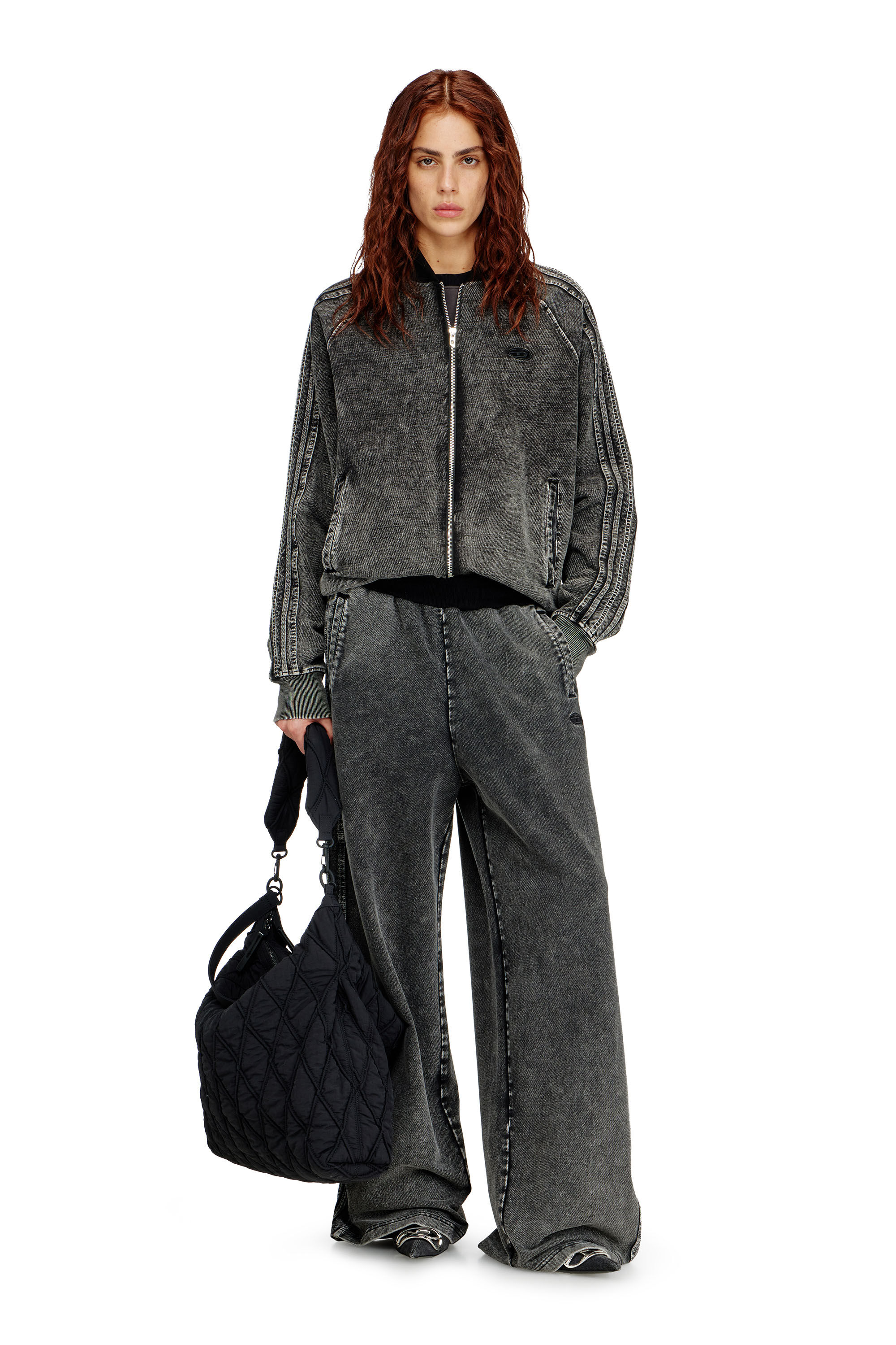 Diesel - P-ZENIA-S1, Pantalones anchos de algod&oacute;n lavado con bandas laterales Mujer in Gris - 1