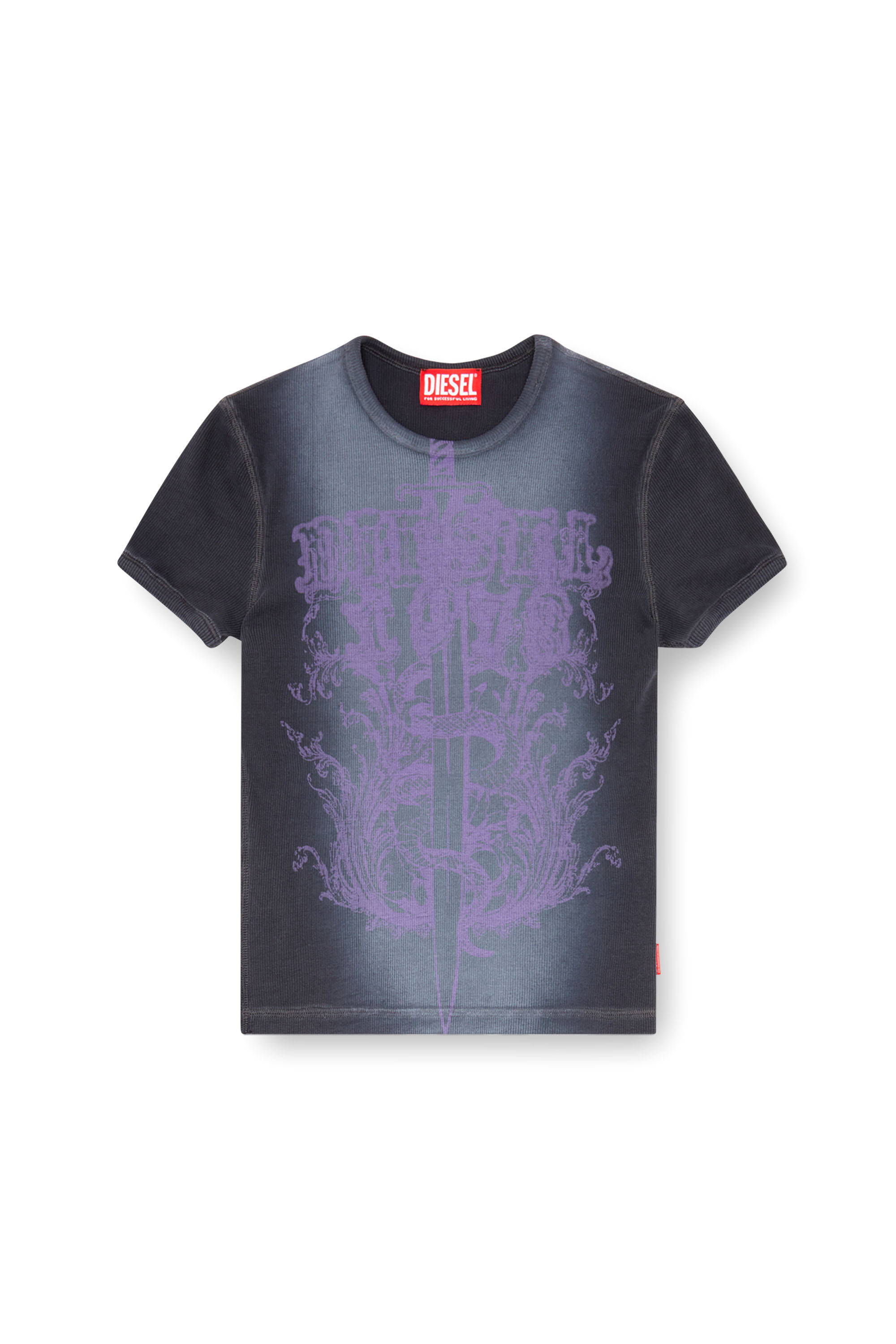 Diesel - T-ELE-LONG-P1, Female's Ribbed T-shirt with Diesel sword print in Black/Violet - 2