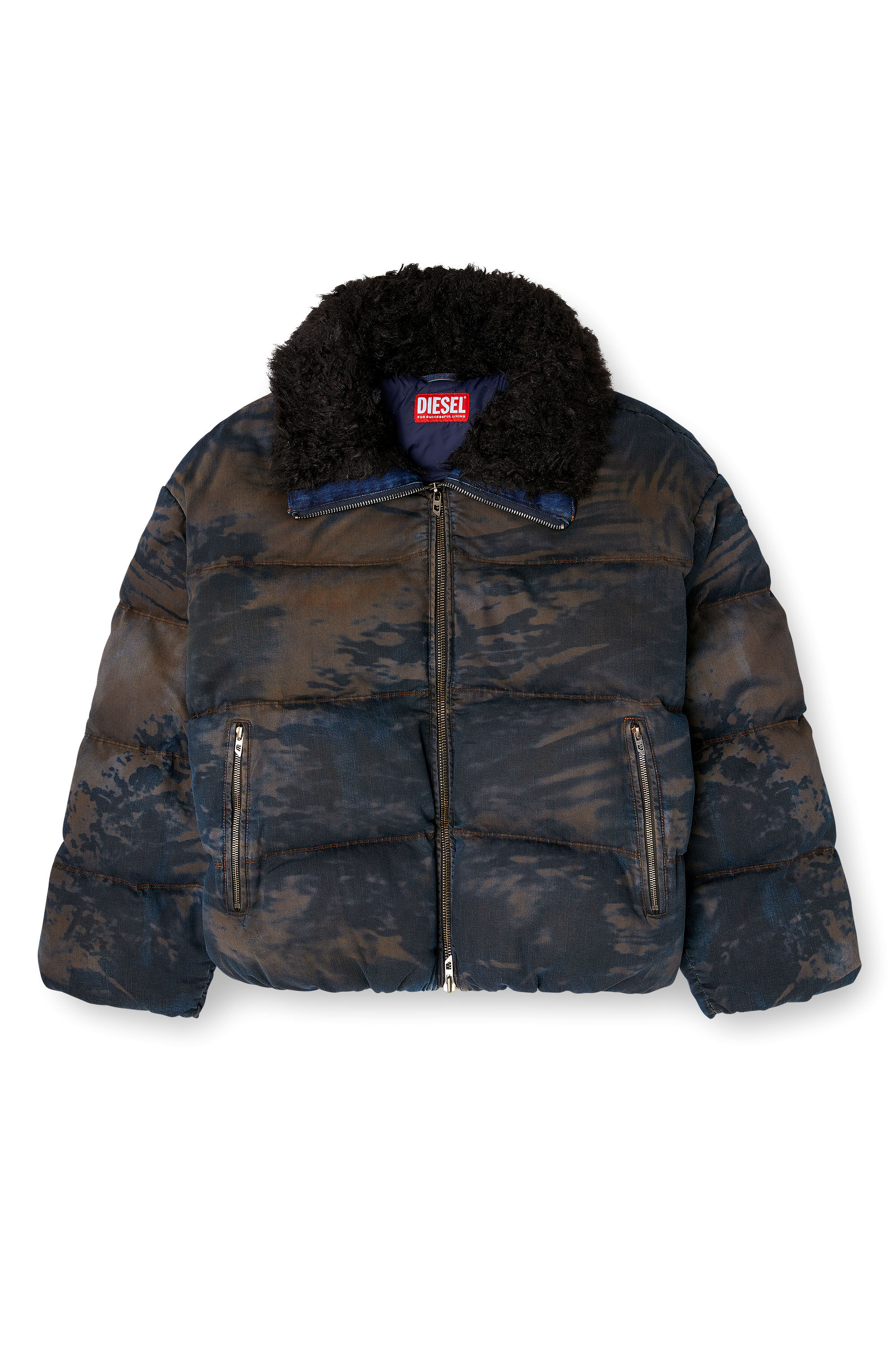 Diesel - W-JOHNS, Male's Puffer jacket in dirt-effect camo denim in Black/Brown - 2