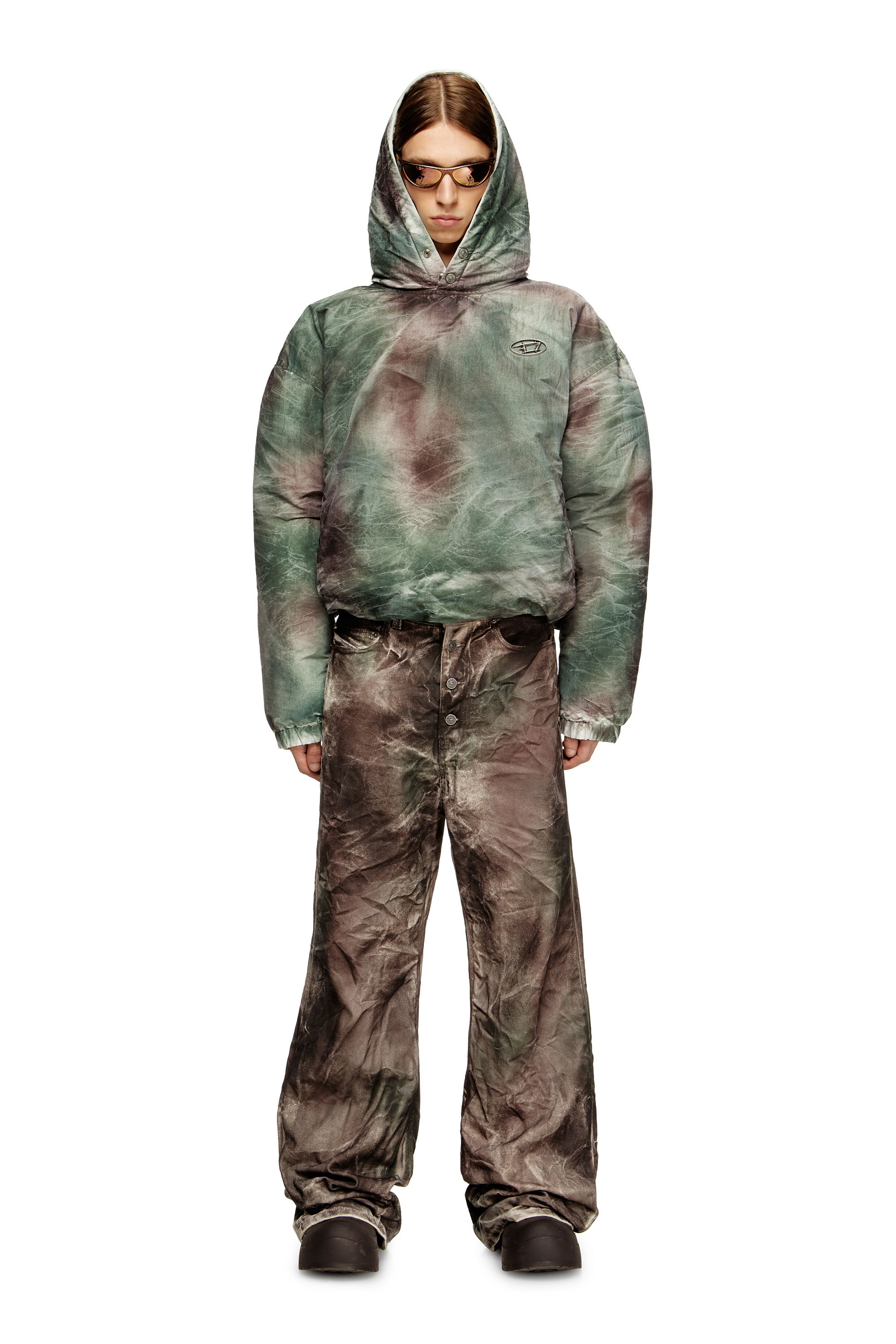 Diesel - W-THUG-JKT-PUFFY, Unisex's Puffy hooded jacket in camo nylon in Brown/Green - 1