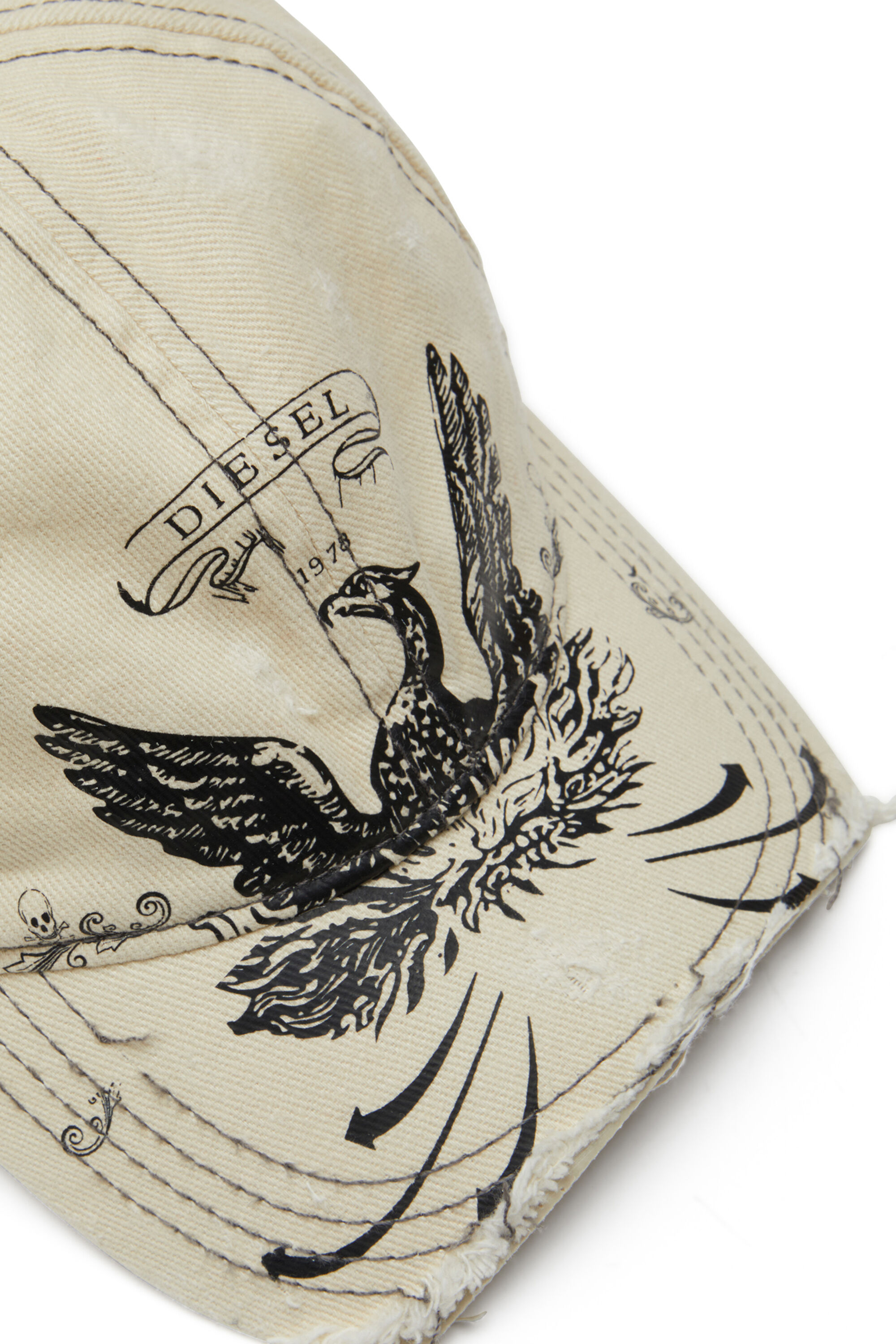 DIESEL cap Phoenix white キャップ Men's Distressed baseball cap with Phoenix print | White