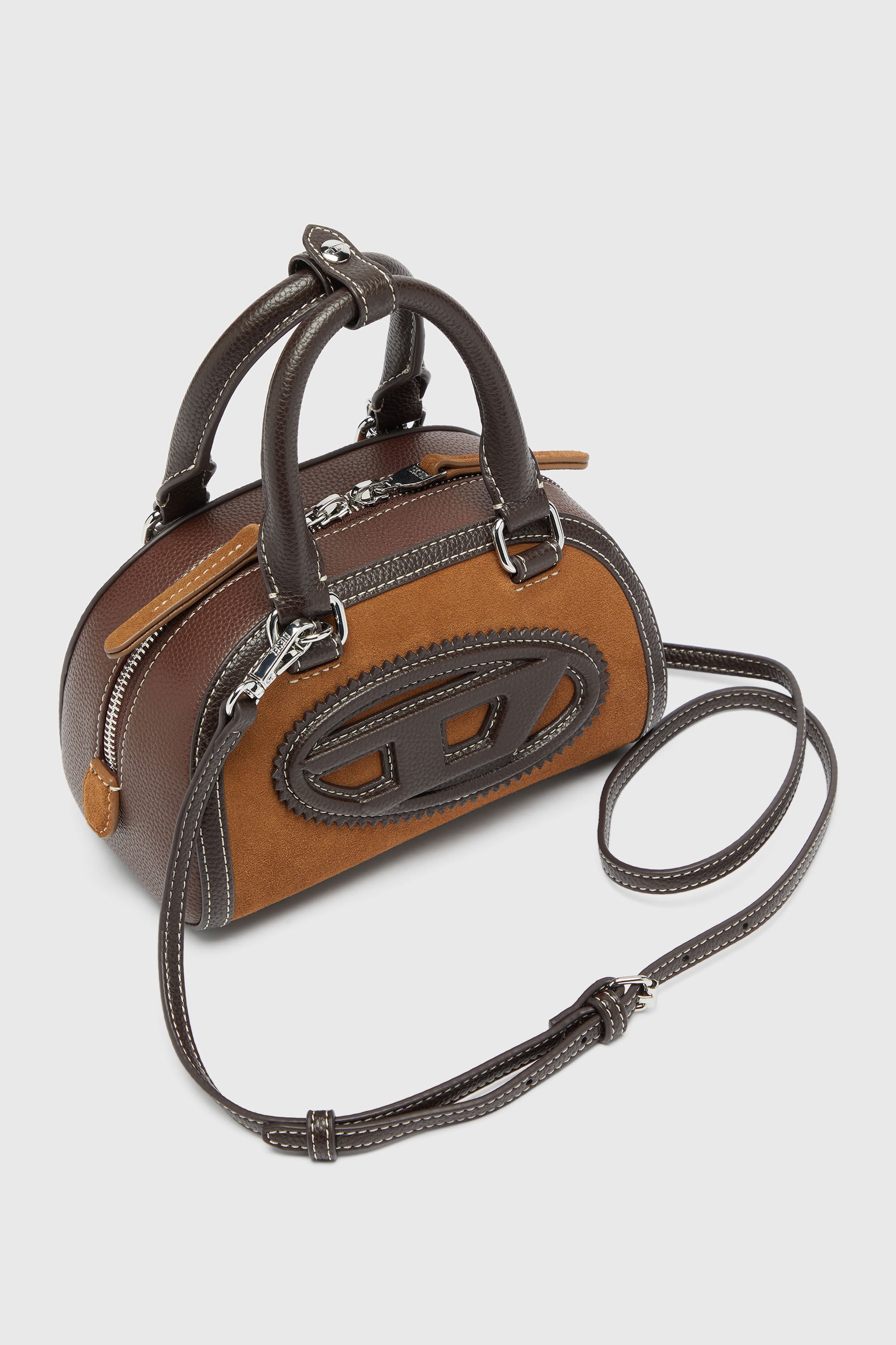 Diesel - 1DR DOME CROSSBODY, 1DR Dome - Peque&ntilde;o bolso bowling de gamuza y PU granulado Mujer in Marr&oacute;n - 5