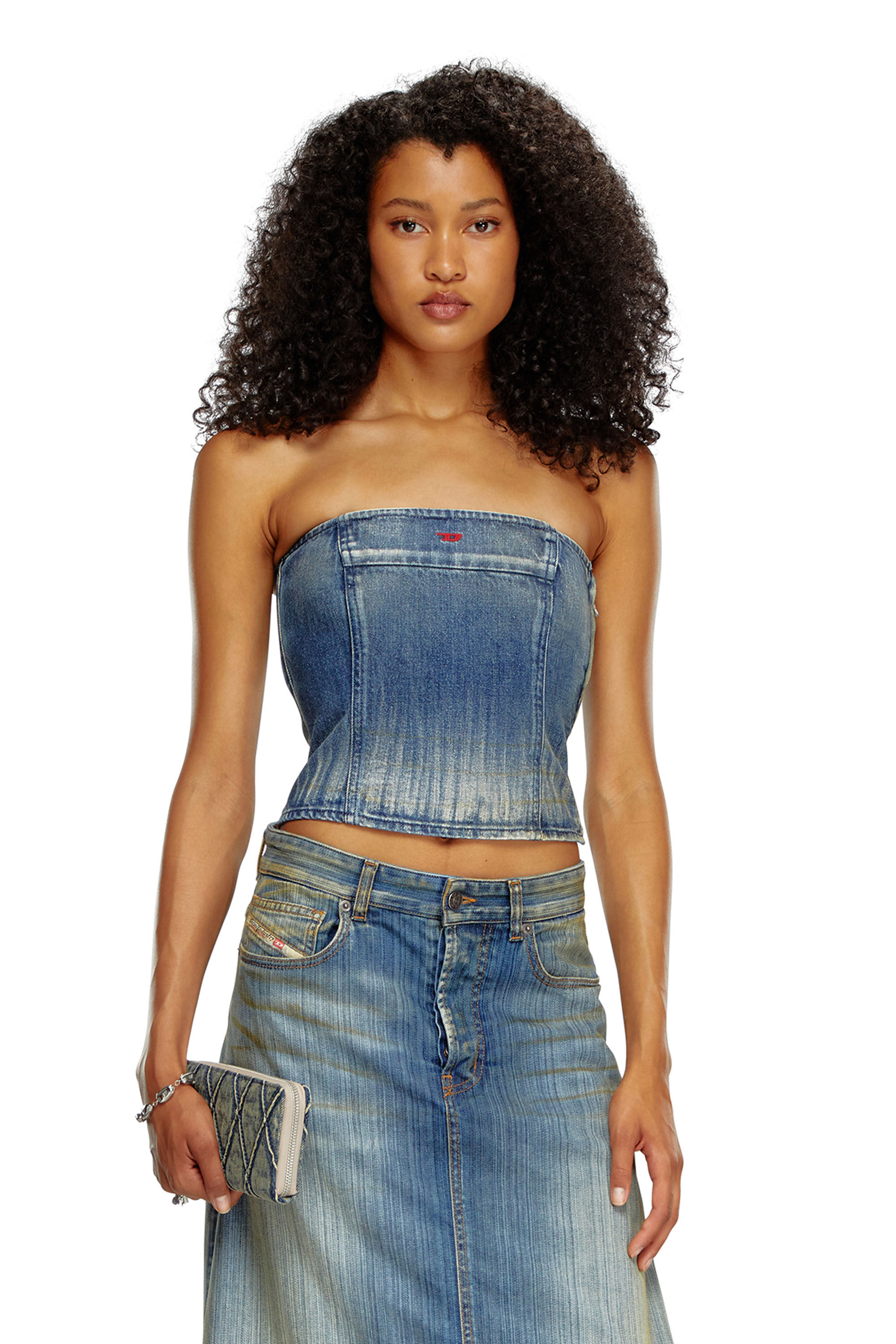 Diesel - DE-VILLE, Female's Tube top in dirt-wash denim in Medium Blue - 3