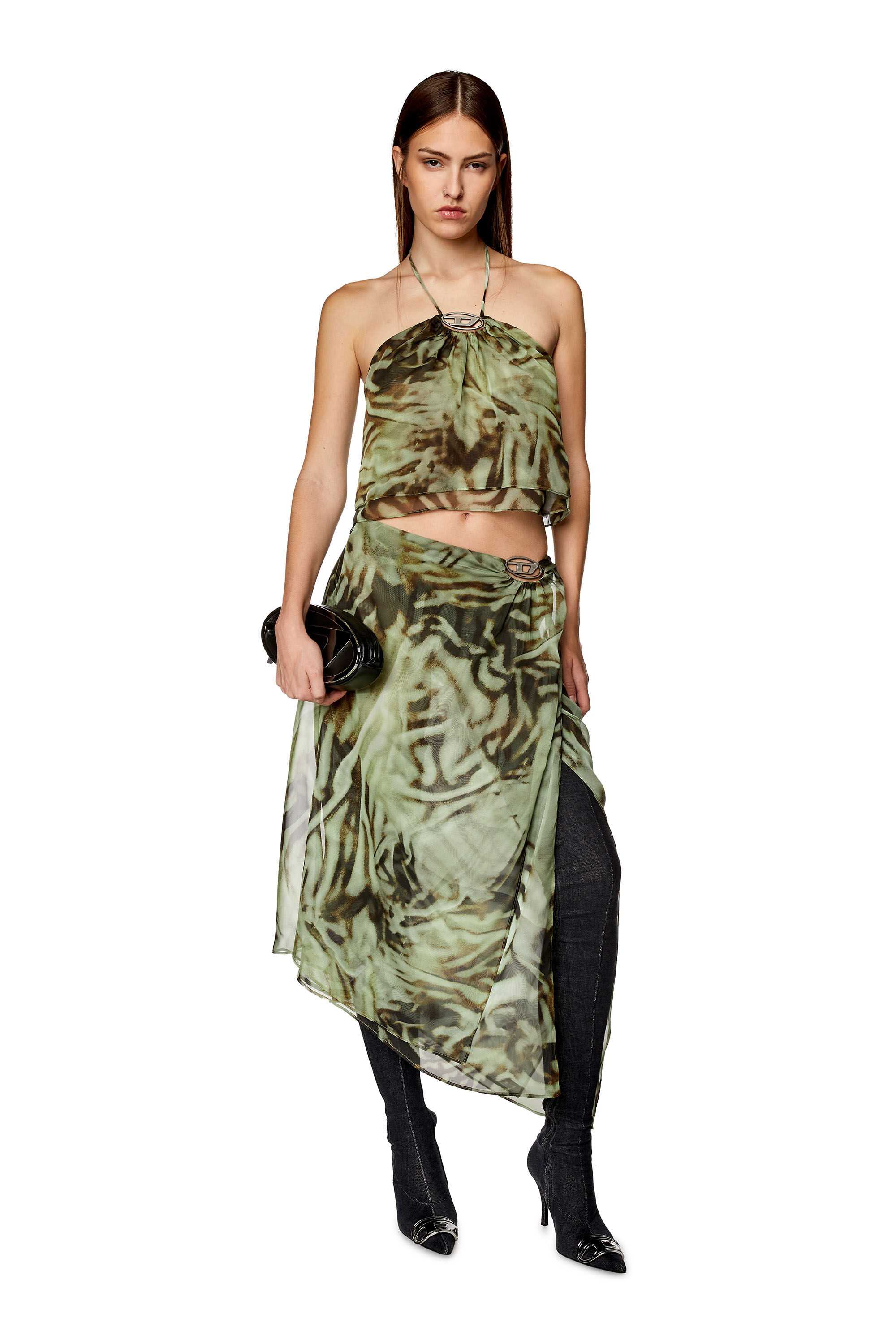 Women's Asymmetric midi skirt in camo chiffon | Green | Diesel
