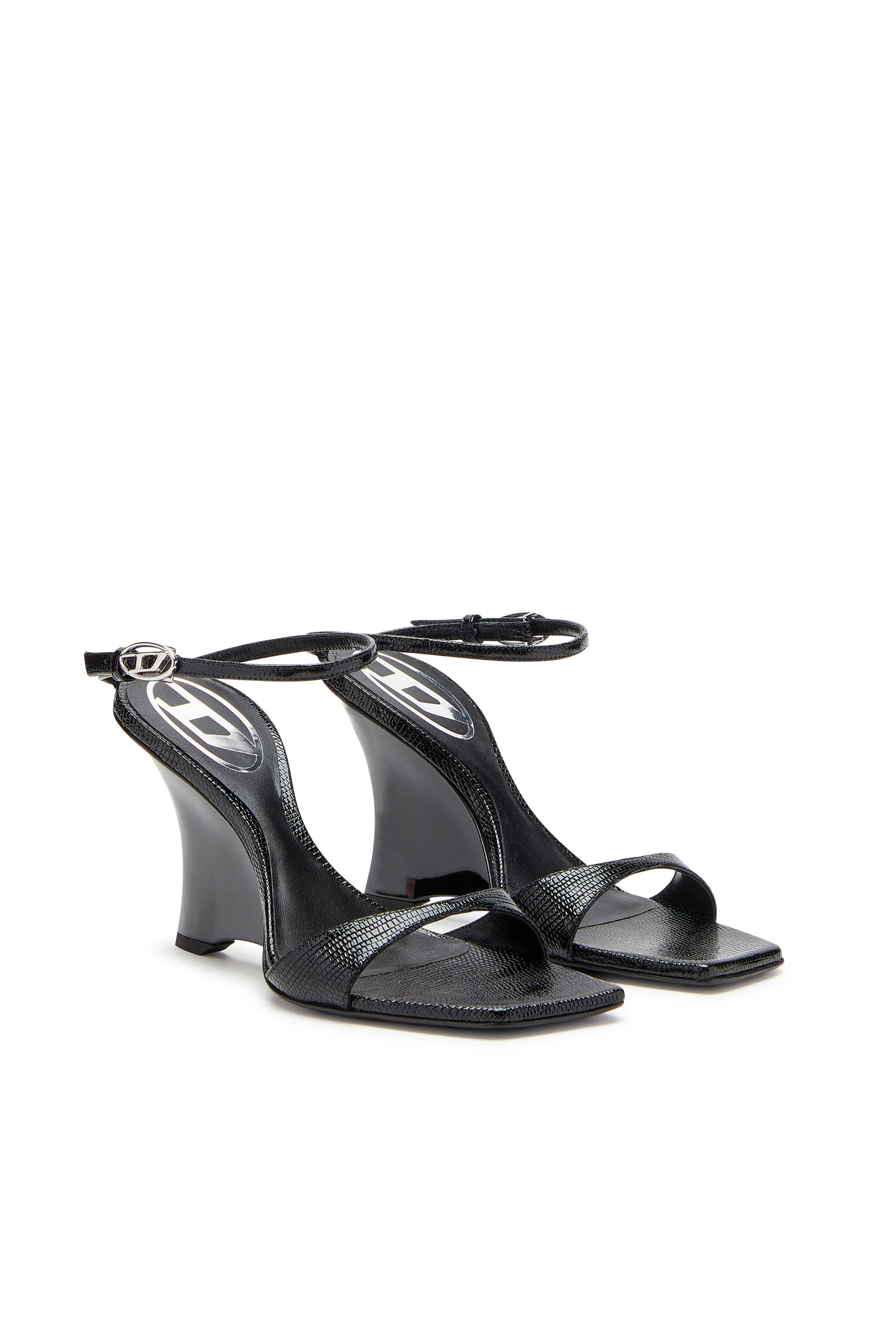 Diesel - D-AMBER SANDAL WEDGE, Female's D-Amber-Wedge sandals in lizard-effect leather in Black - 2