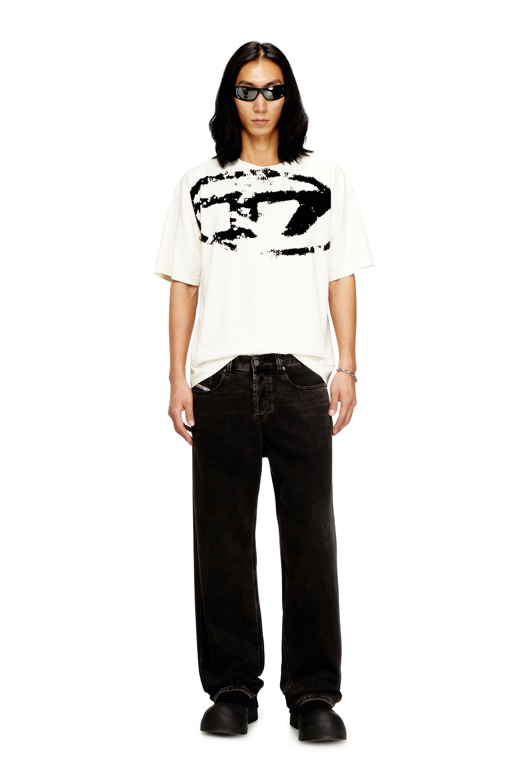 DIESEL ディーゼル メッシュベスト ブラック/ホワイト Men's T-shirt with distressed flocked logo | White | Diesel