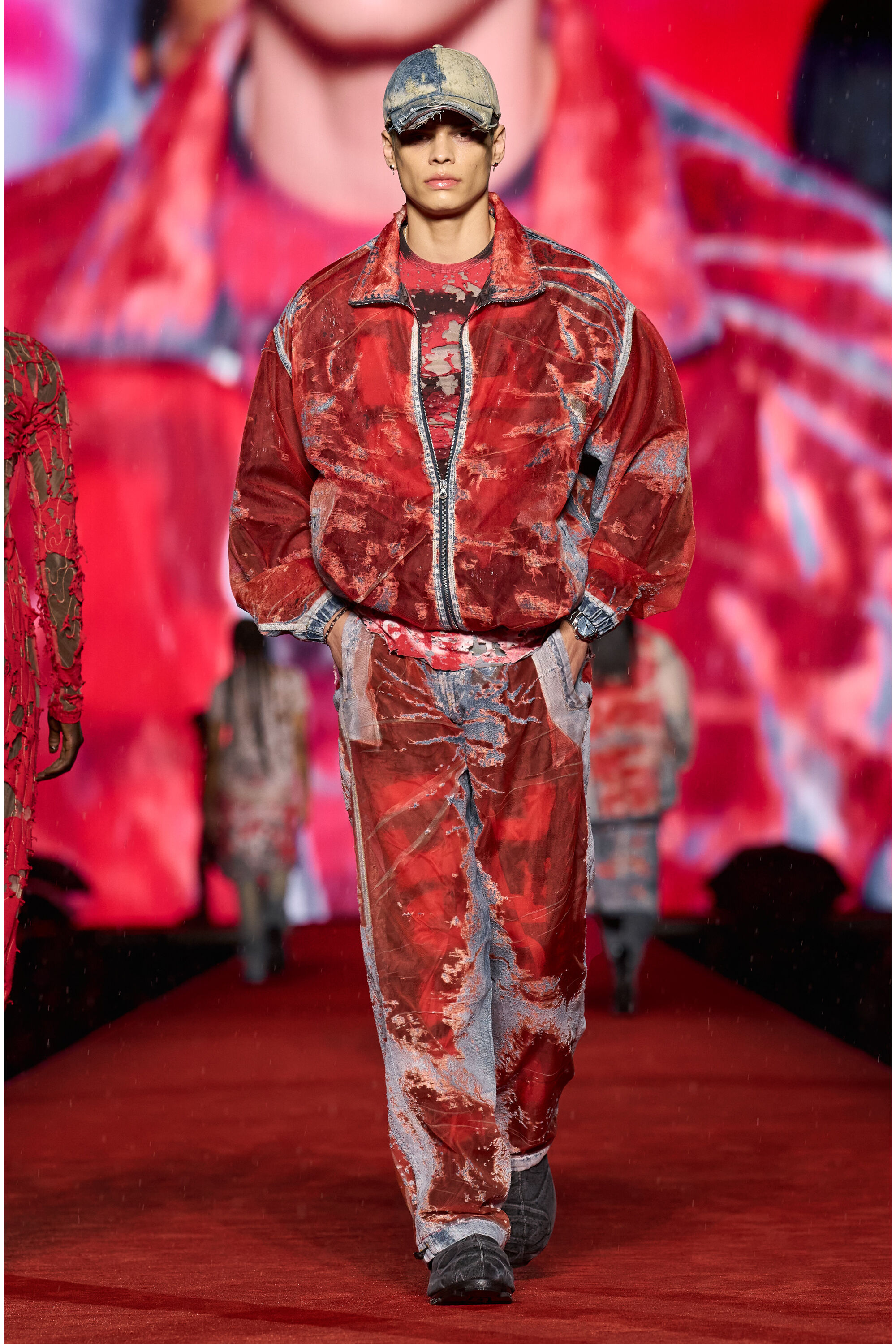 Diesel - D-KRAP-FSE, Male's Jacket in devoré denim with logo in Blue/Red - 7