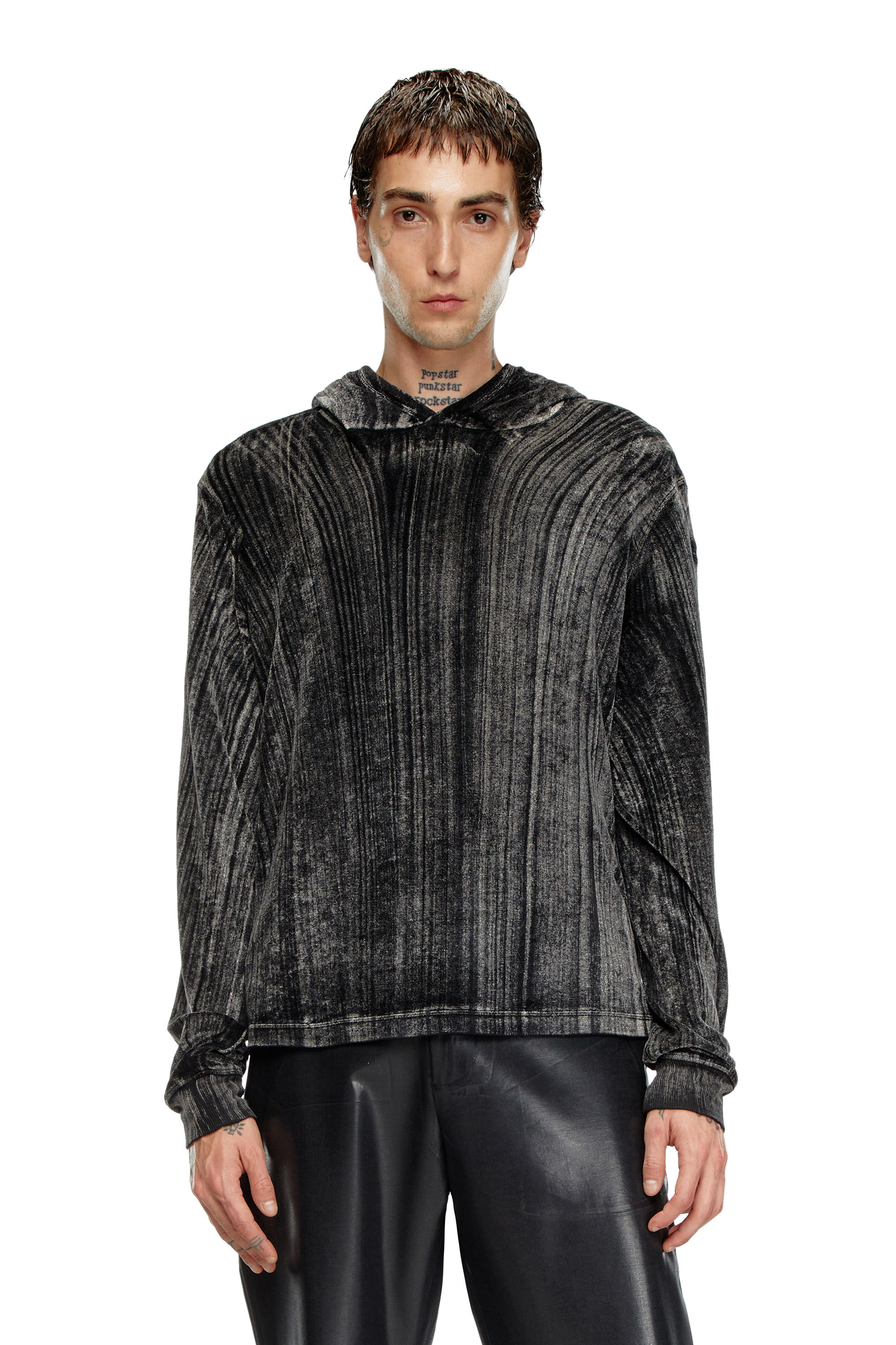 Diesel - T-VELJUST-LS-HOOD, Male's Hooded long-sleeve T-shirt in chenille in Black - 3