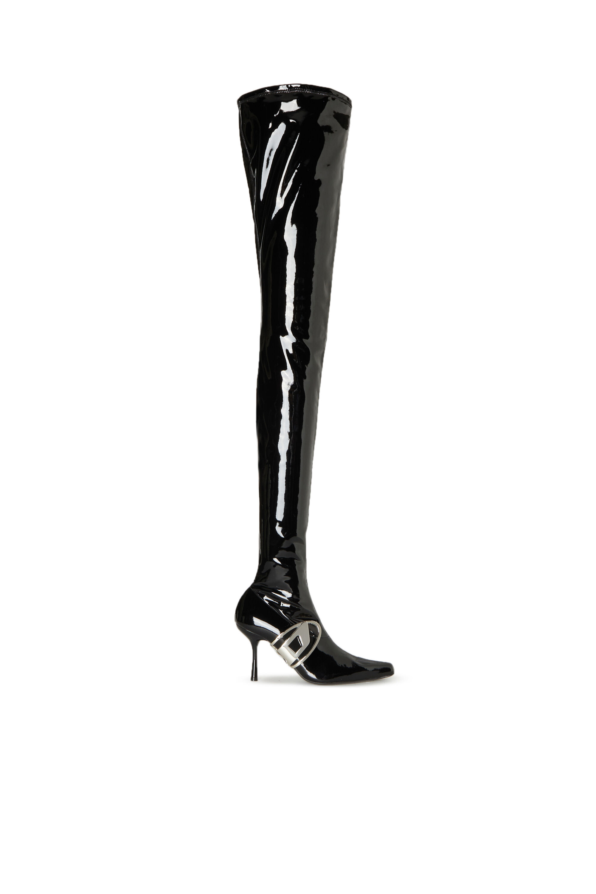 Diesel - D-ECLIPSE TBT, Female's D-Eclipse TBT - Patent thigh-high boots with oval plaque in Black - 1