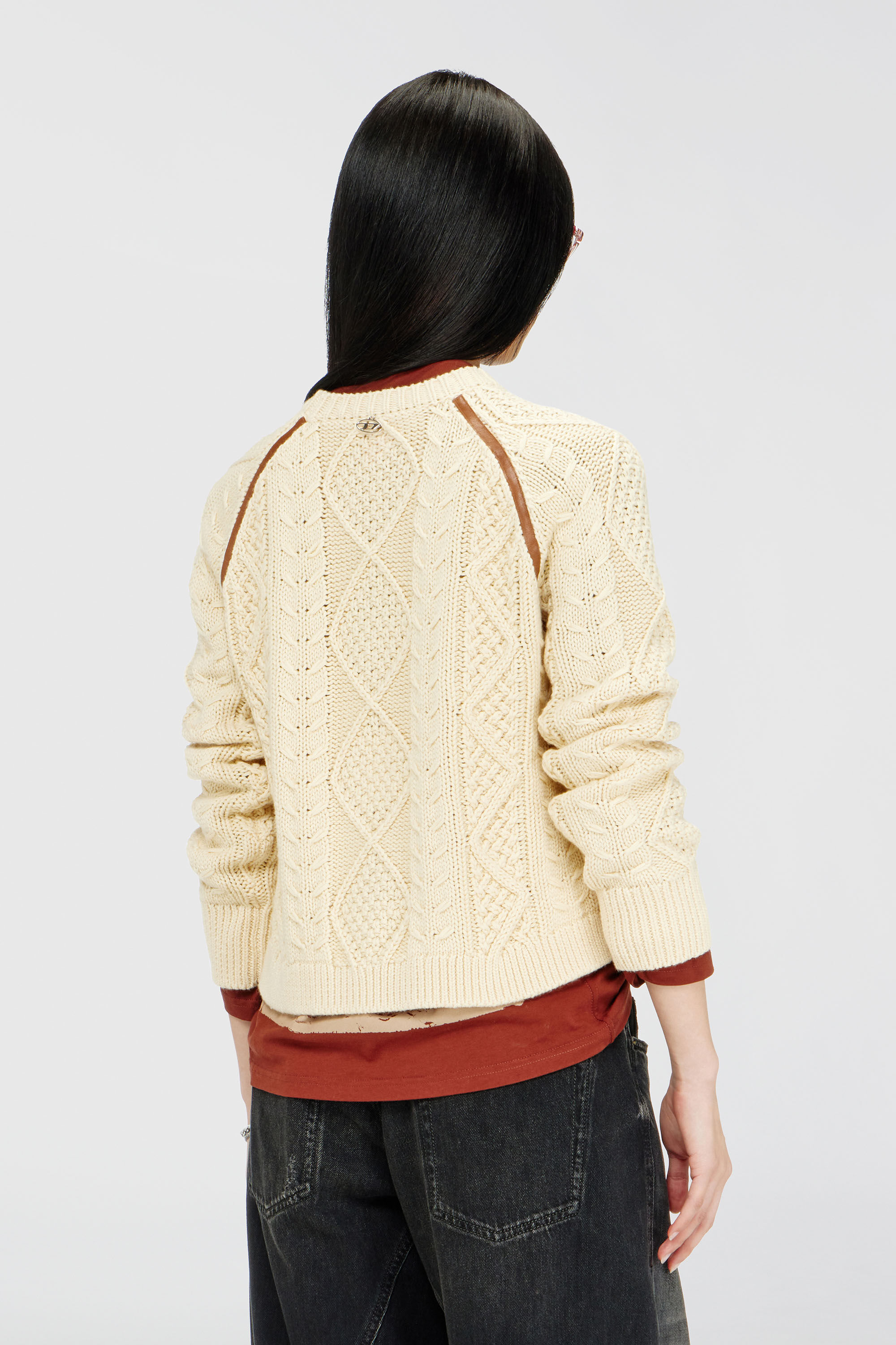 Diesel - M-INTANA, Female's Cable-knit jumper with contrast bands in Beige - 4