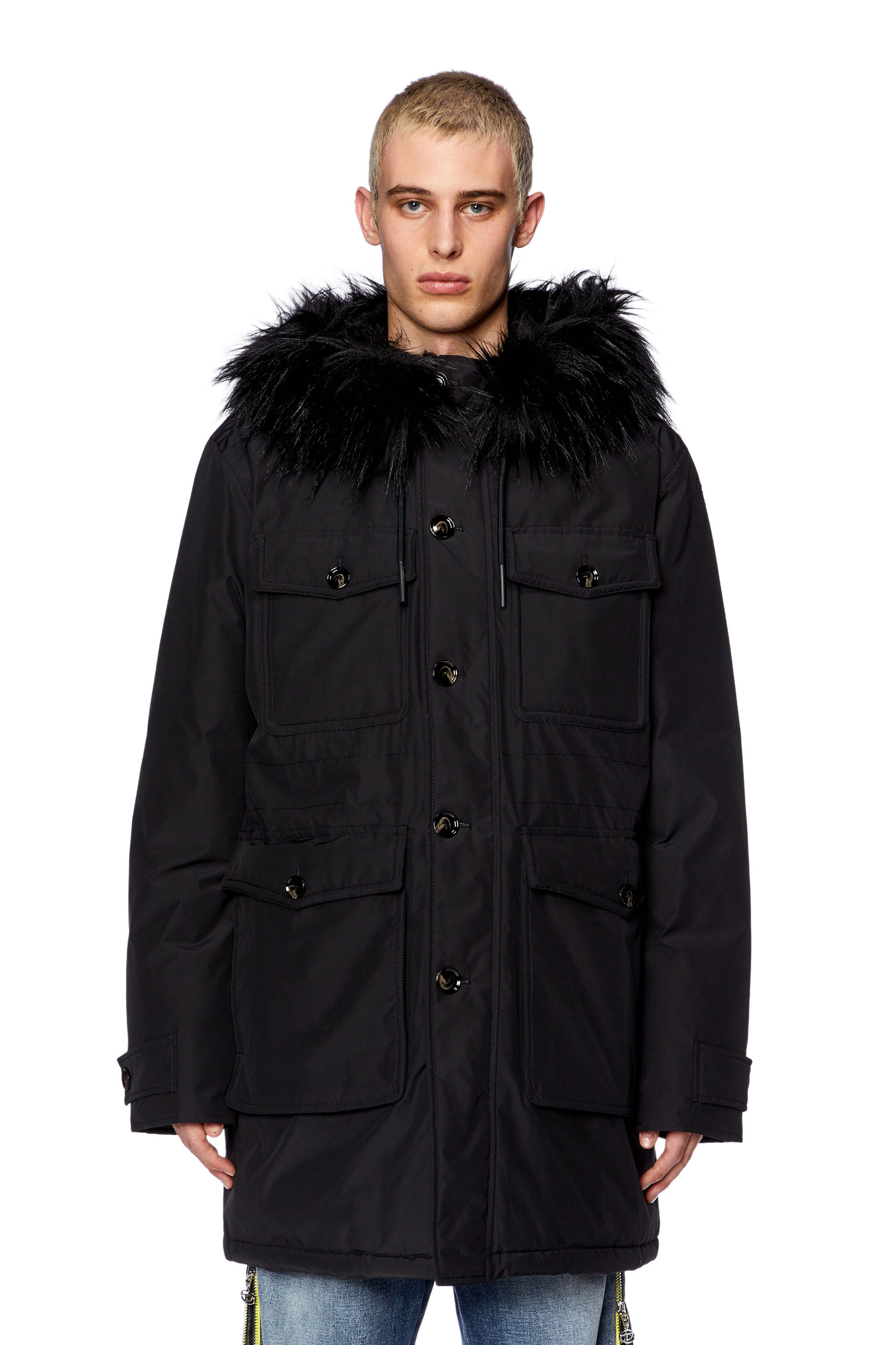 Diesel - W-JORGY, Male's Padded parka with fluffy trim at hood in Black - 3