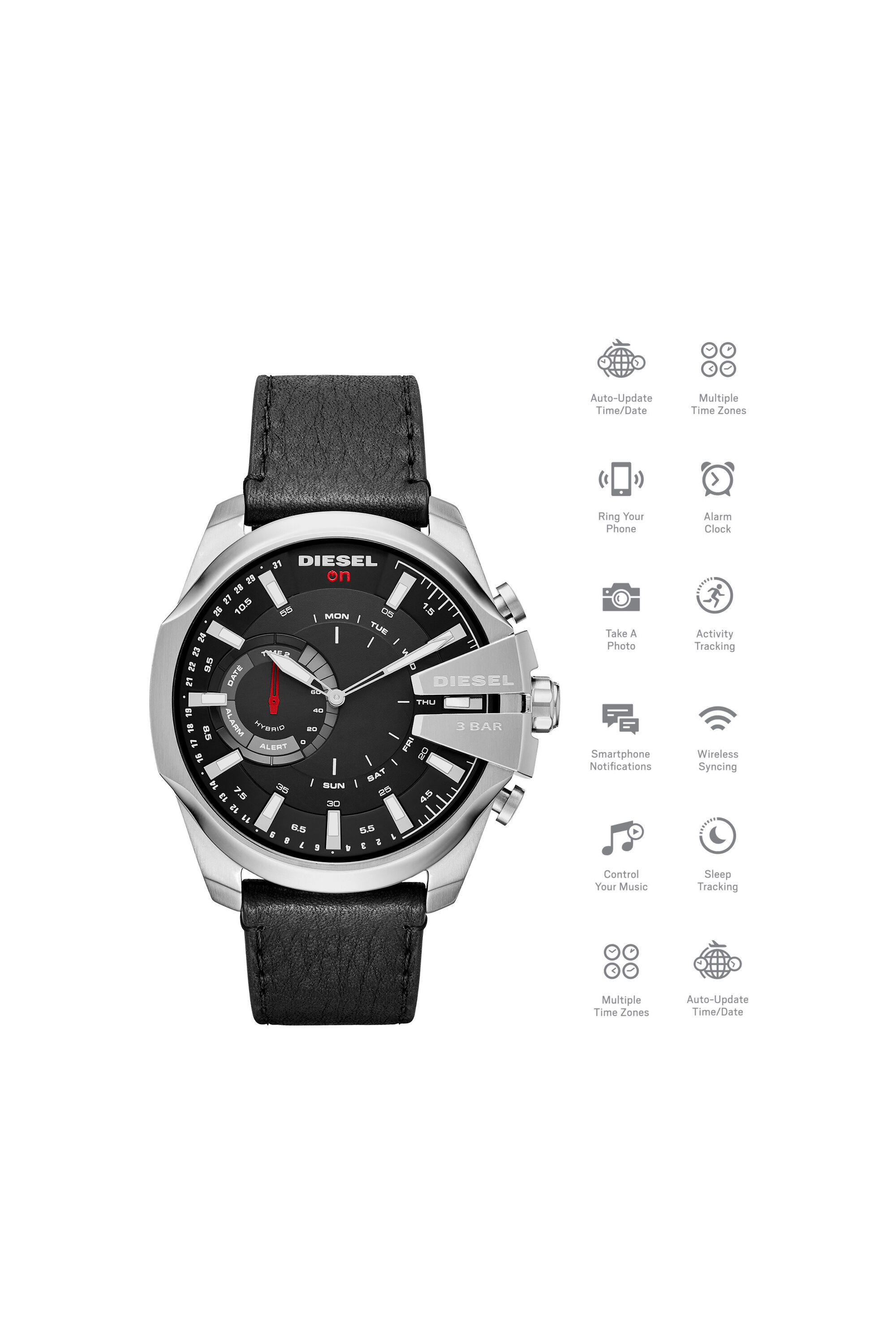 Diesel - DT1010, Male's Mega Chief Hybrid black smartwatch with silver indexes, 48 mm in Black - 1