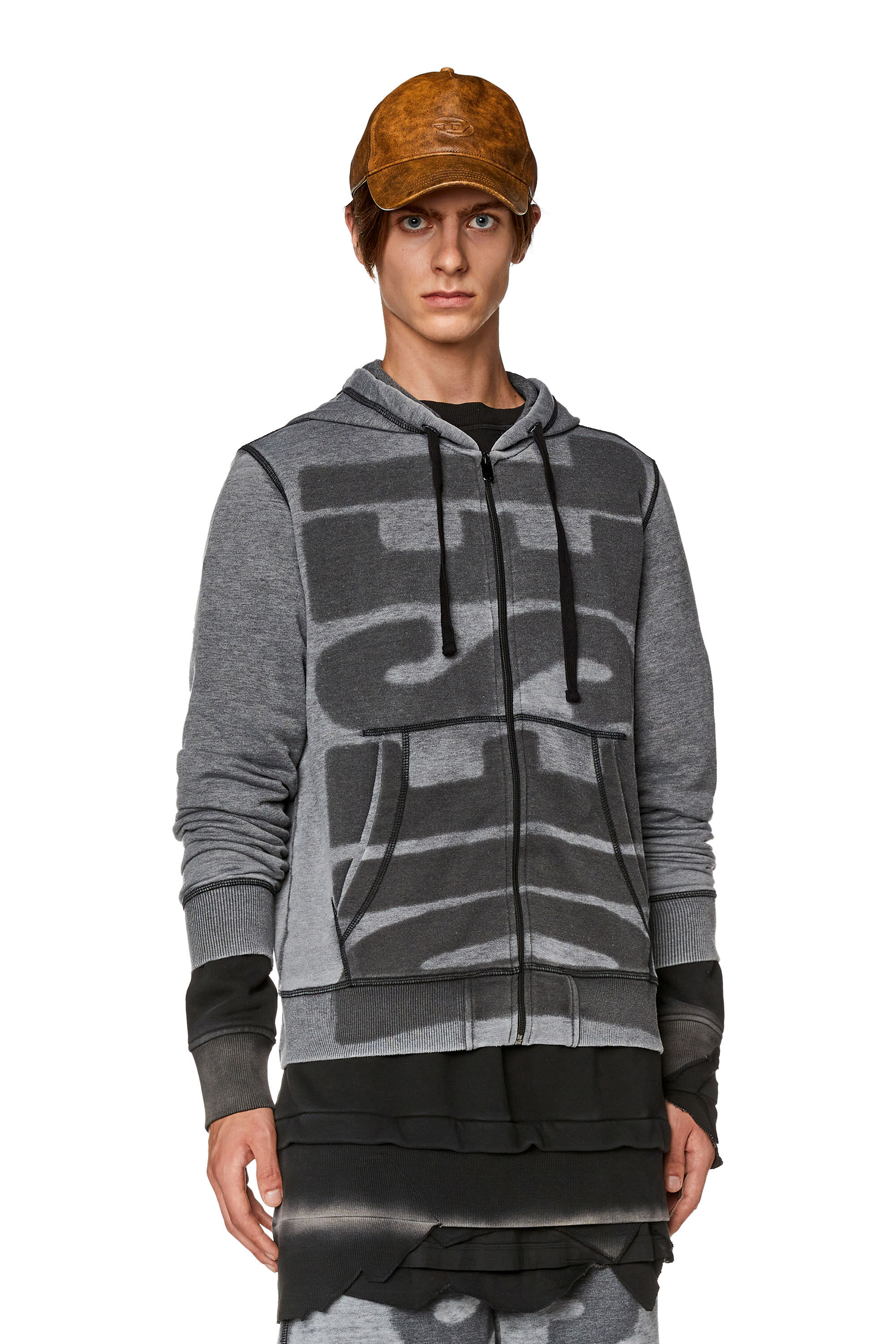 Diesel - S-GINN-HOOD-ZIP-L1, Sweat-shirt à capuche zippé dévoré avec logo Homme in Noir - 3