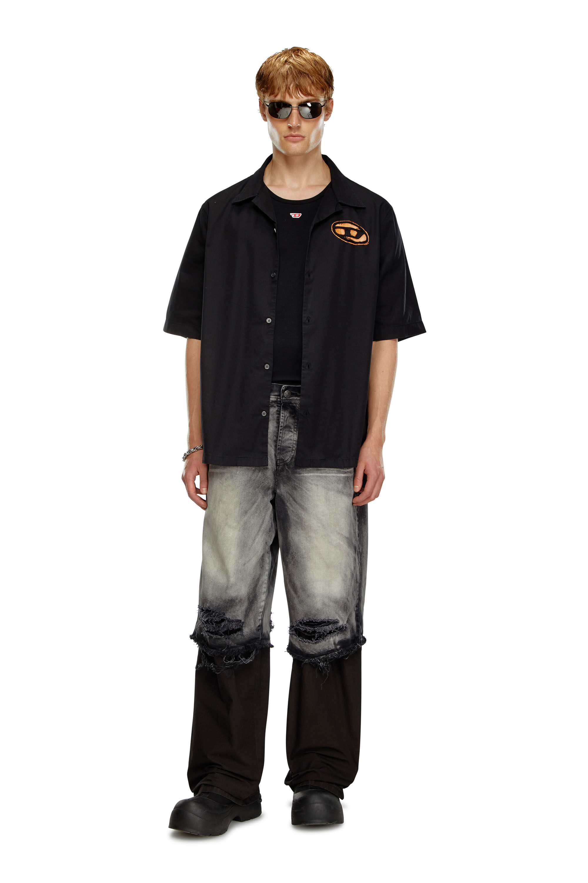 Diesel - S-STAN-BLEACH, Male's Bowling shirt with bleached effect in Black - 1